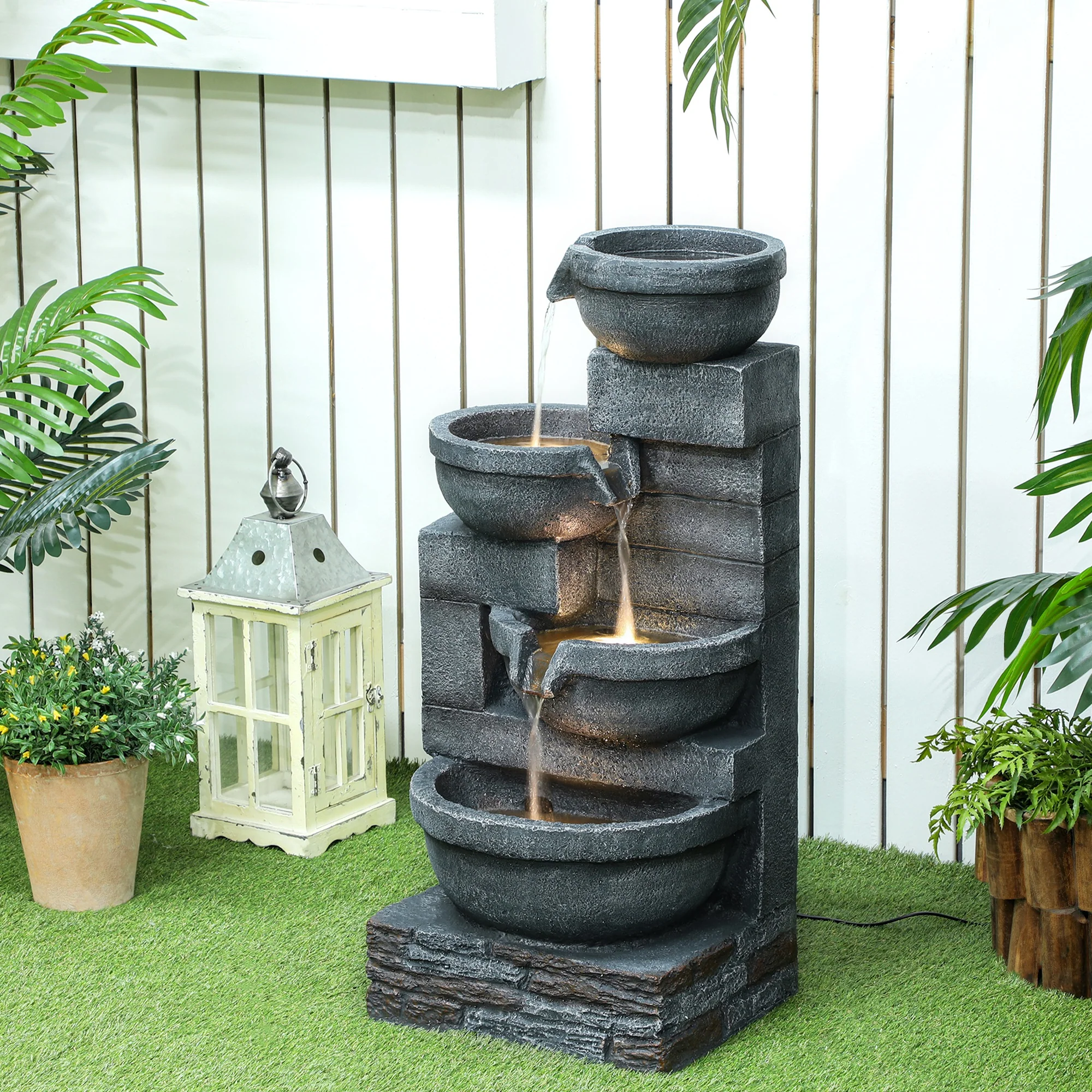 30" Tall Outdoor Water Fountain with LED Lights, 4-Tier Resin Cascading Bowls & Pump, Gray - Image 3