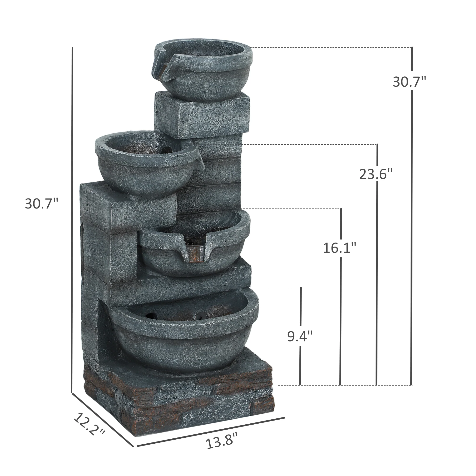 30" Tall Outdoor Water Fountain with LED Lights, 4-Tier Resin Cascading Bowls & Pump, Gray - Image 5