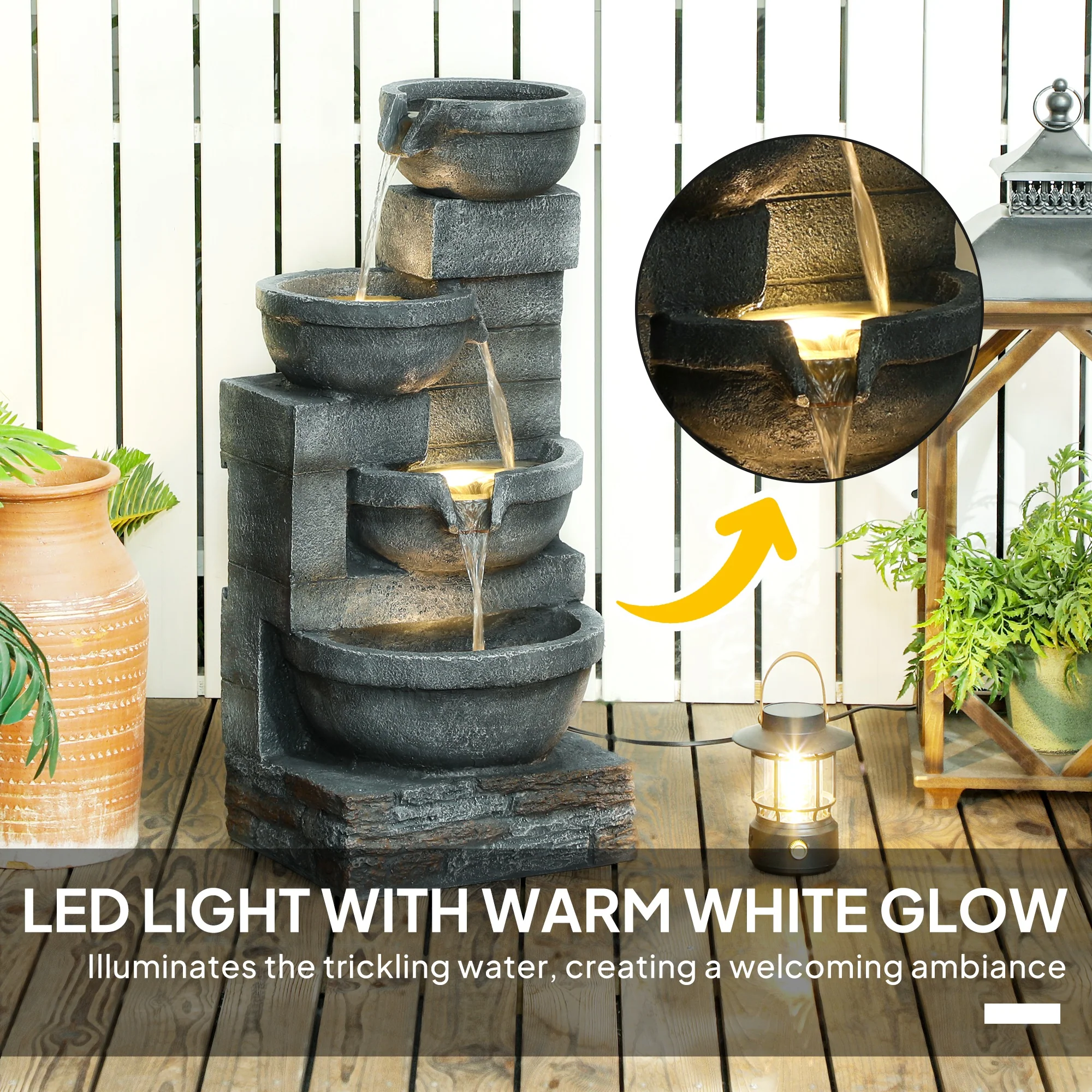 30" Tall Outdoor Water Fountain with LED Lights, 4-Tier Resin Cascading Bowls & Pump, Gray - Image 6