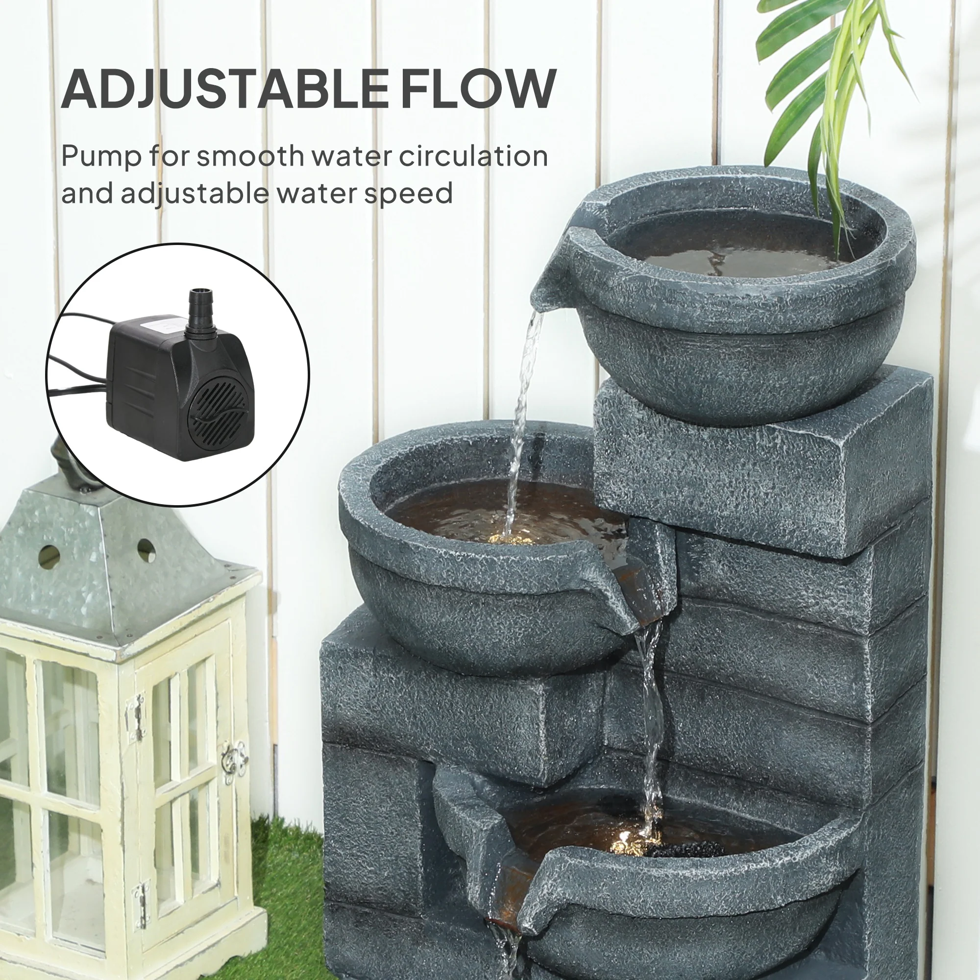 30" Tall Outdoor Water Fountain with LED Lights, 4-Tier Resin Cascading Bowls & Pump, Gray - Image 7