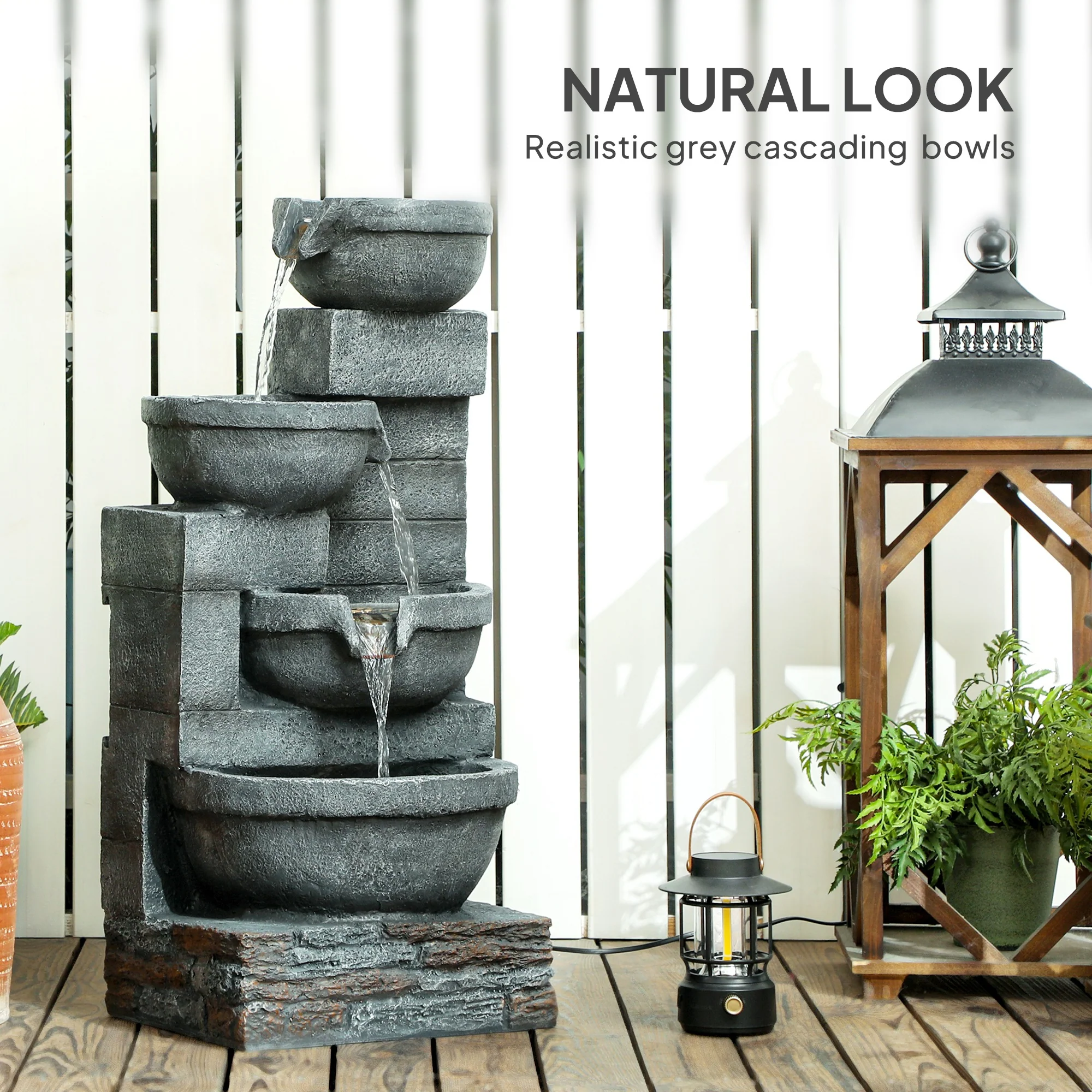 30" Tall Outdoor Water Fountain with LED Lights, 4-Tier Resin Cascading Bowls & Pump, Gray - Image 8
