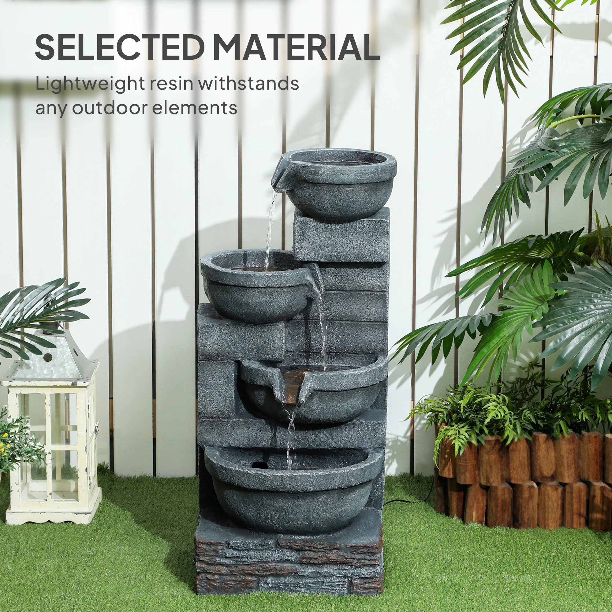 30" Tall Outdoor Water Fountain with LED Lights, 4-Tier Resin Cascading Bowls & Pump, Gray - Image 9