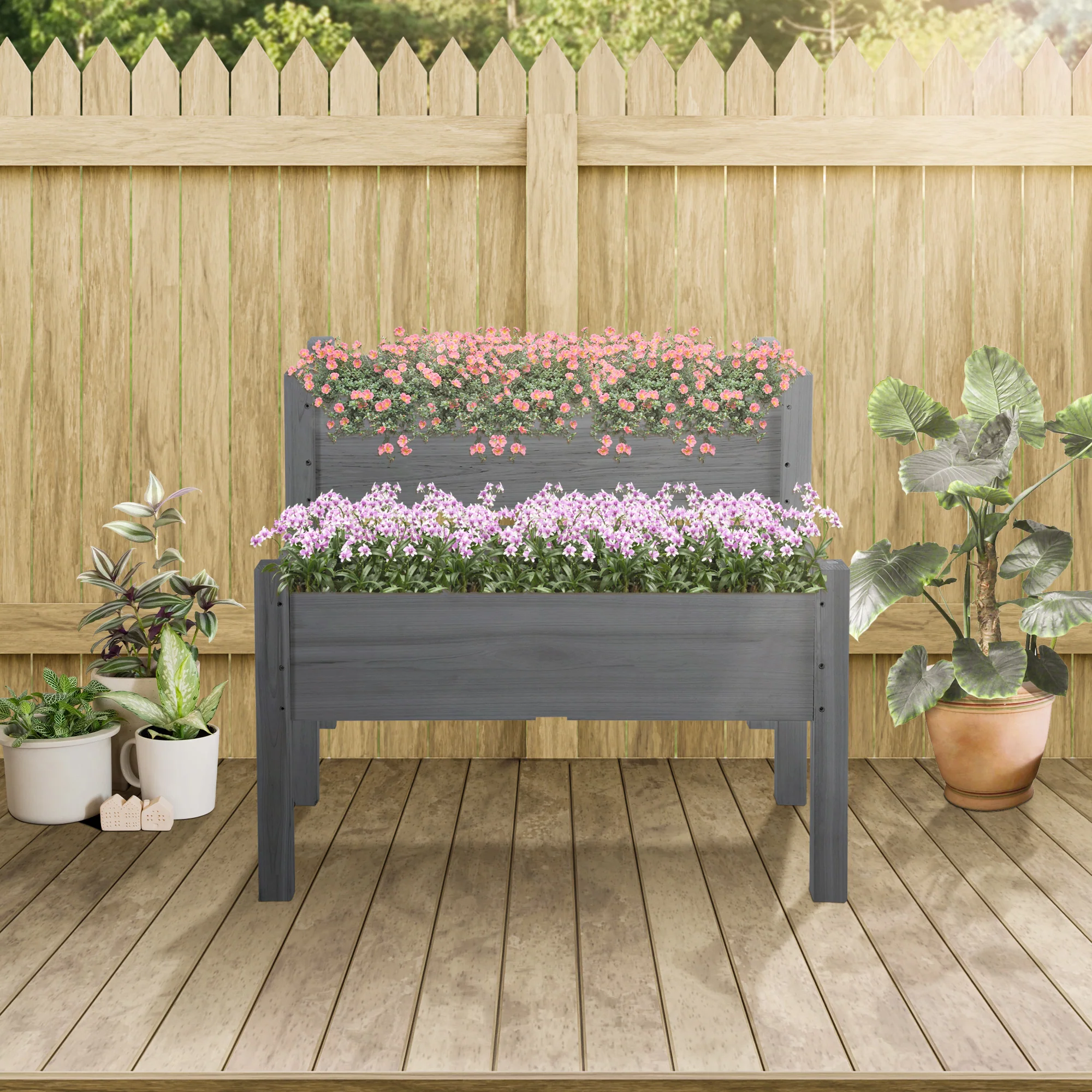 34"x34"x28" Raised Garden Bed, 2-Tier Elevated Wood Planter Box for Backyard, Patio to Grow Vegetables, Herbs, and Flowers, Gray - Image 4