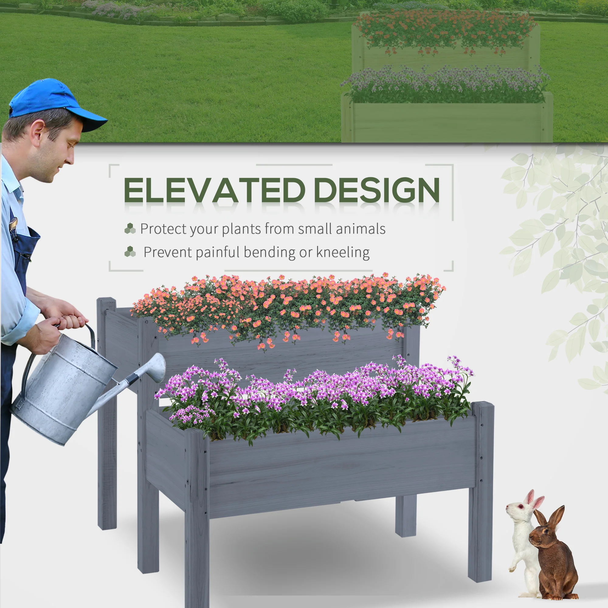 34"x34"x28" Raised Garden Bed, 2-Tier Elevated Wood Planter Box for Backyard, Patio to Grow Vegetables, Herbs, and Flowers, Gray - Image 6