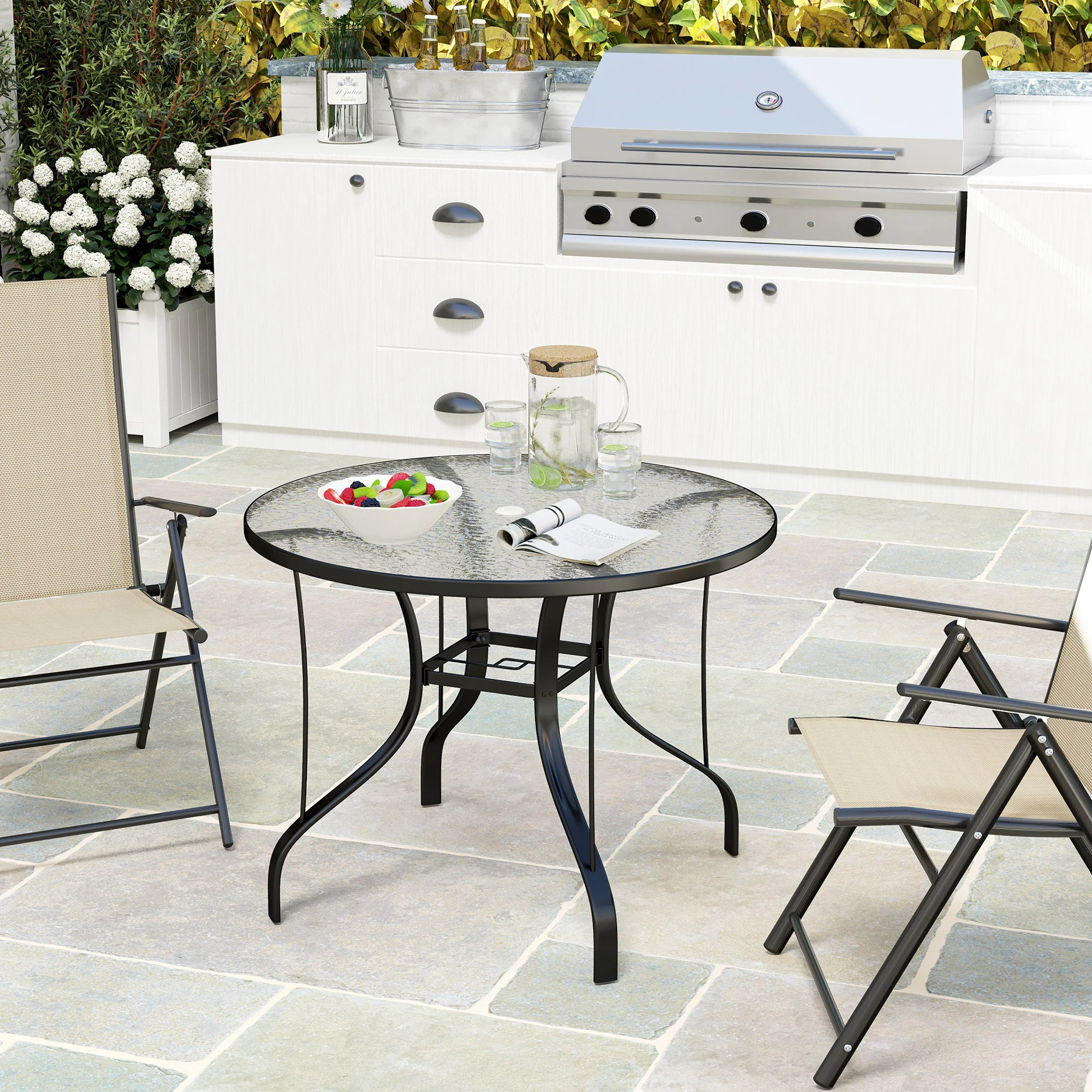 38" Round Outdoor Dining Table with Umbrella Hole, Tempered Glass, Black - Image 10