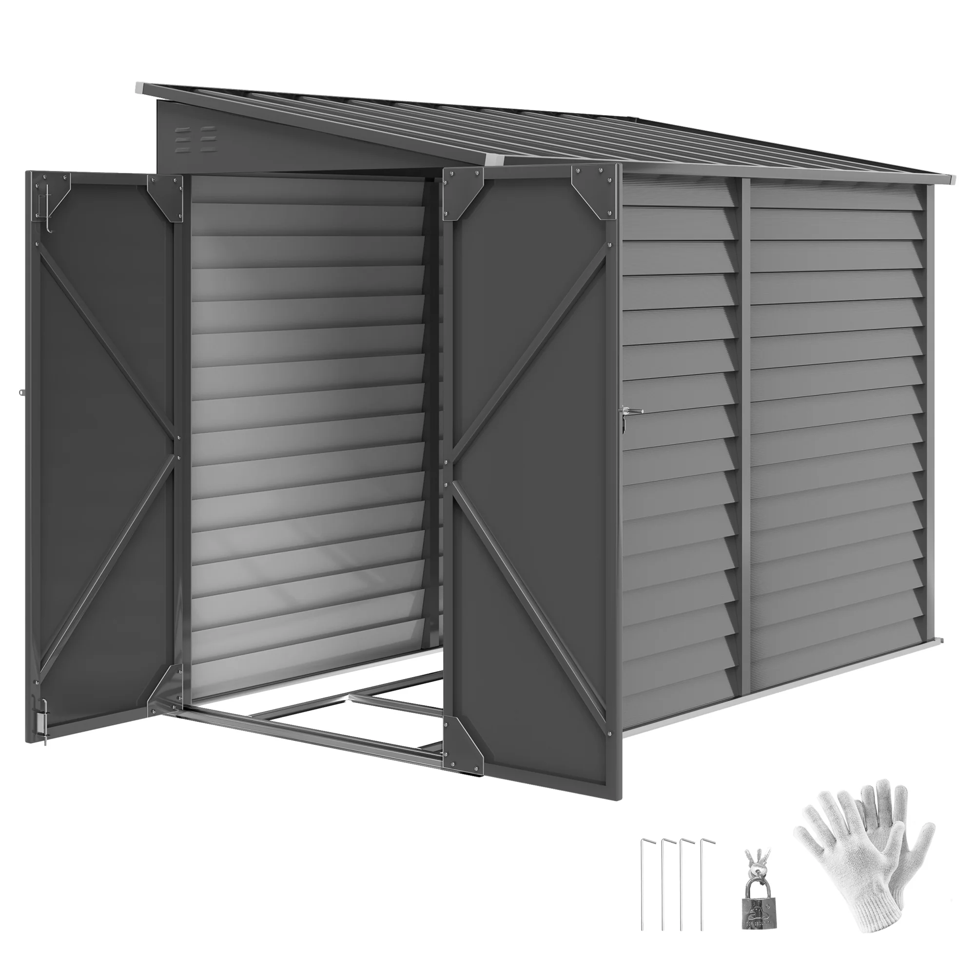 4.6' x 9' Steel Outdoor Storage Shed with Foundation Kit, Lockable Doors and Gloves, Dark Gray