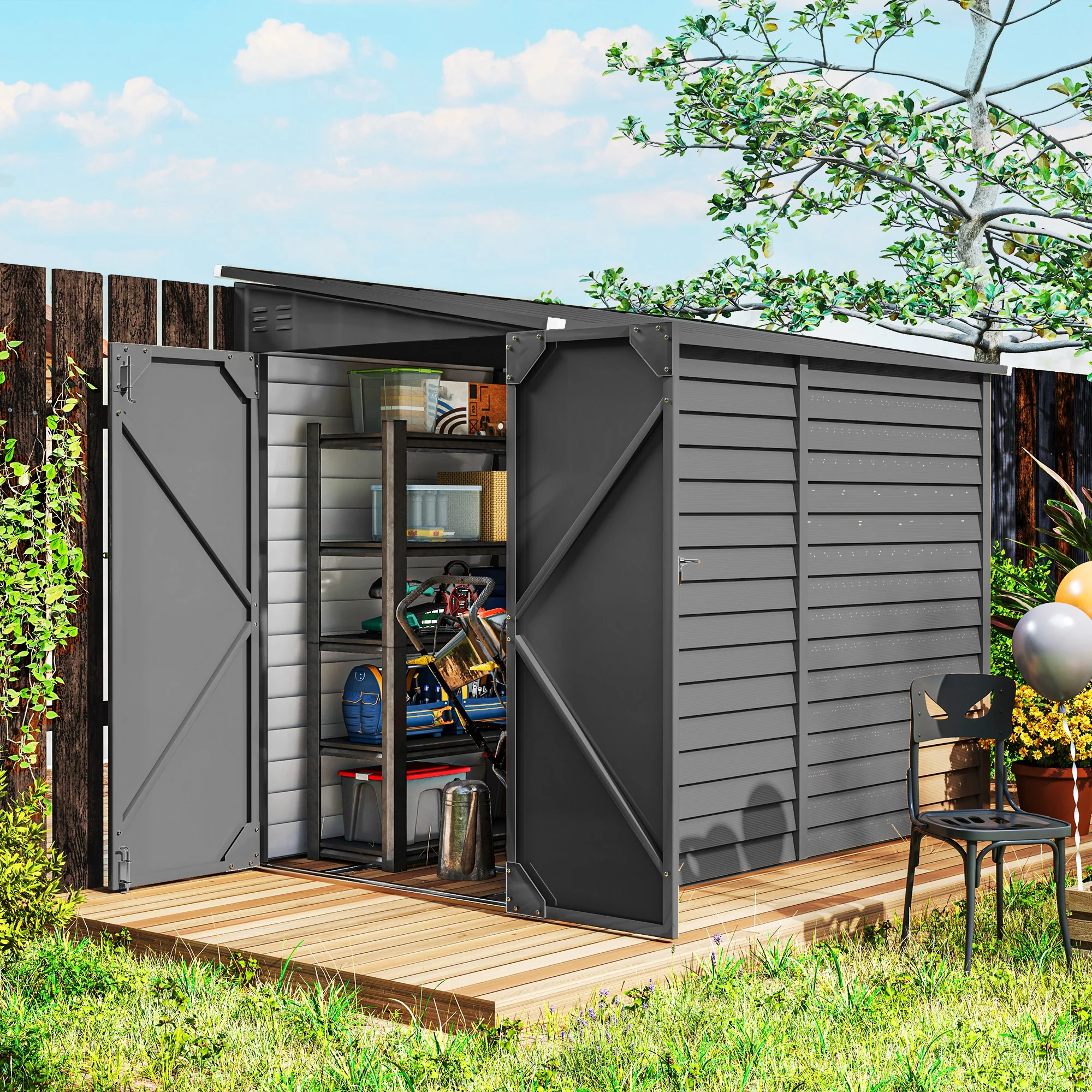 4.6' x 9' Steel Outdoor Storage Shed with Foundation Kit, Lockable Doors and Gloves, Dark Gray - Image 3