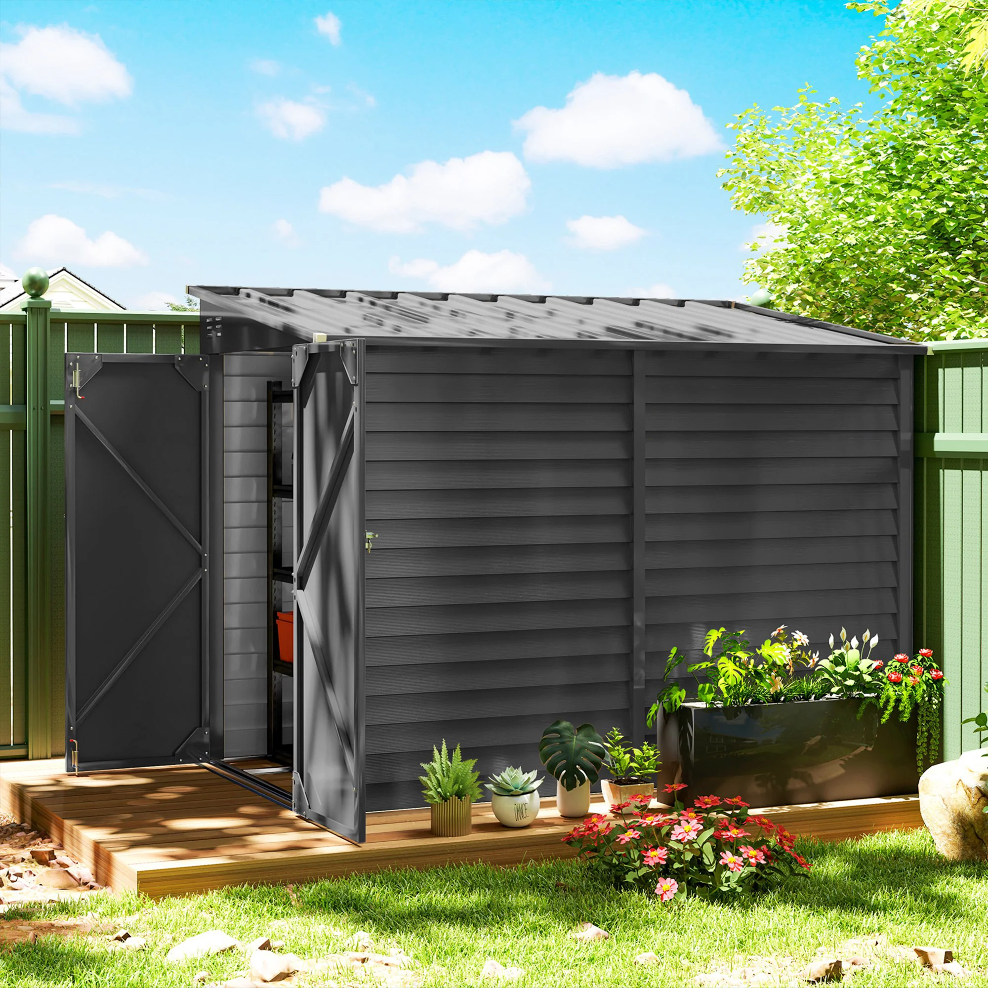 4.6' x 9' Steel Outdoor Storage Shed with Foundation Kit, Lockable Doors and Gloves, Dark Gray - Image 4