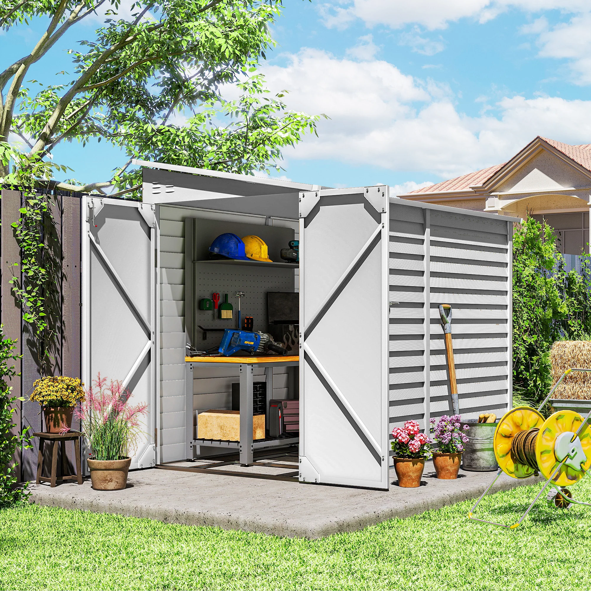 4.6' x 9' Steel Outdoor Storage Shed, with Foundation Kit, Lockable Doors and Gloves, White - Image 3