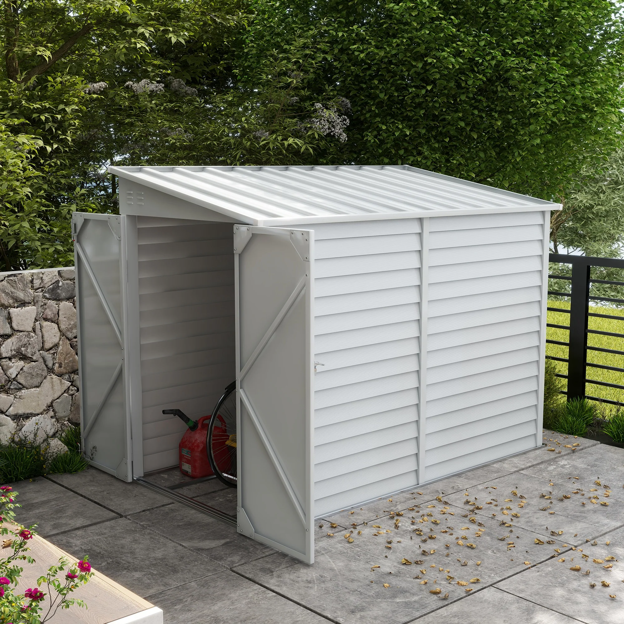 4.6' x 9' Steel Outdoor Storage Shed, with Foundation Kit, Lockable Doors and Gloves, White - Image 4