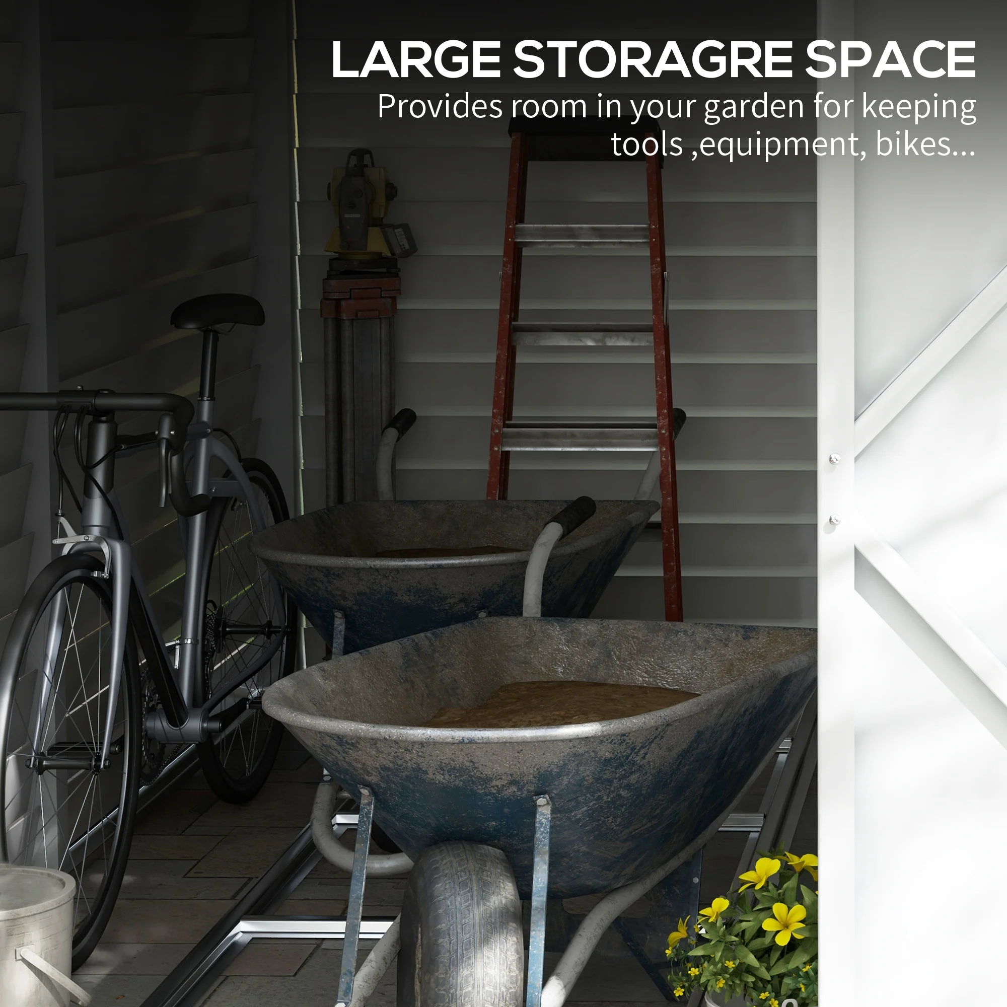 4.6' x 9' Steel Outdoor Storage Shed, with Foundation Kit, Lockable Doors and Gloves, White - Image 6