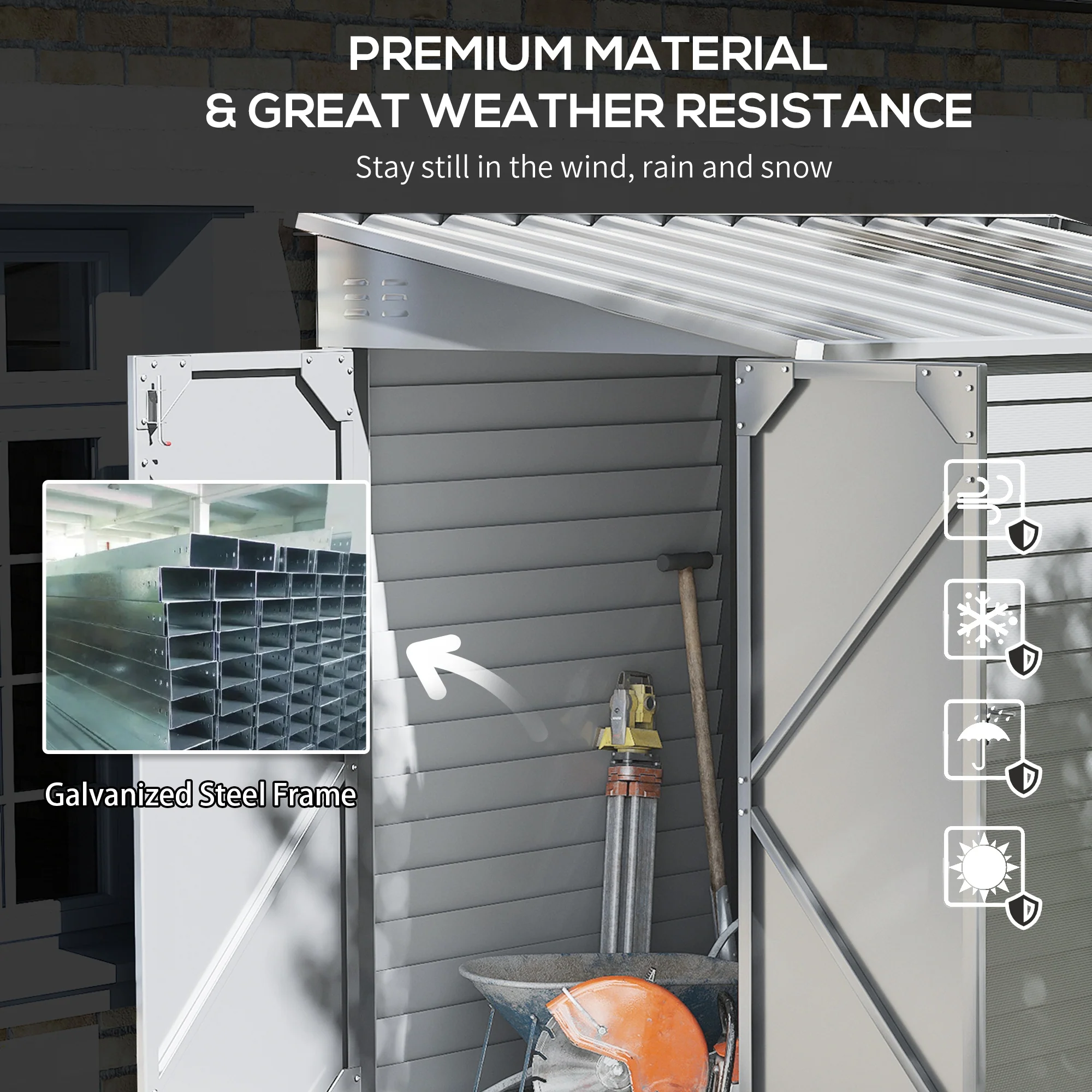 4.6' x 9' Steel Outdoor Storage Shed, with Foundation Kit, Lockable Doors and Gloves, White - Image 7