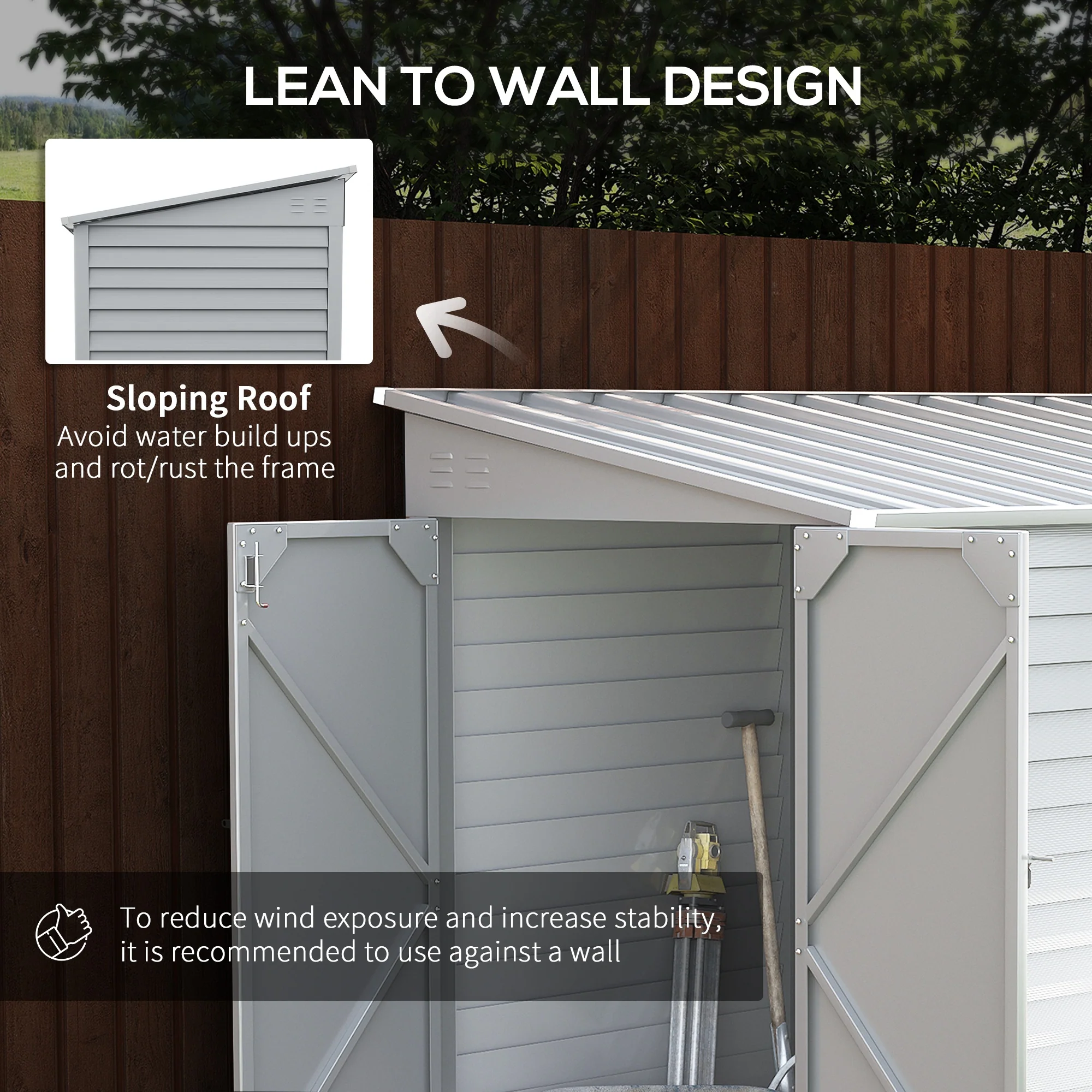4.6' x 9' Steel Outdoor Storage Shed, with Foundation Kit, Lockable Doors and Gloves, White - Image 8