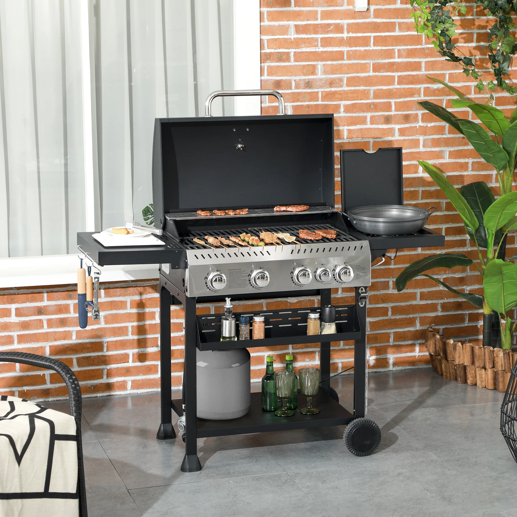 4 Burner Propane Gas Grill with Side Burner, 40,000 BTU, Shelves, Thermometer, Bottle Opener, Black - Image 3