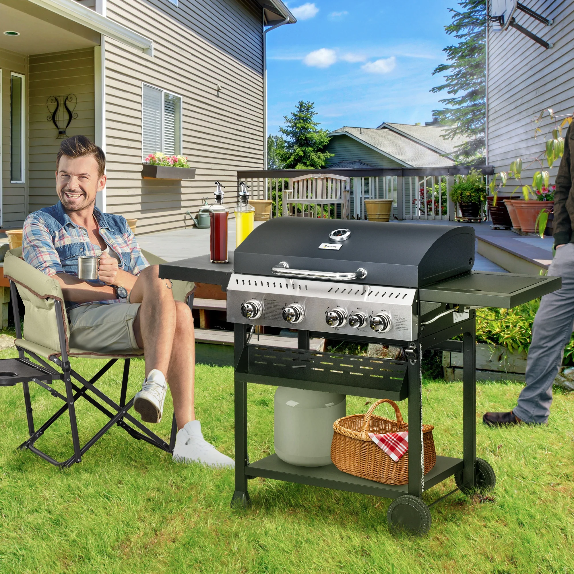 4 Burner Propane Gas Grill with Side Burner, 40,000 BTU, Shelves, Thermometer, Bottle Opener, Black - Image 4
