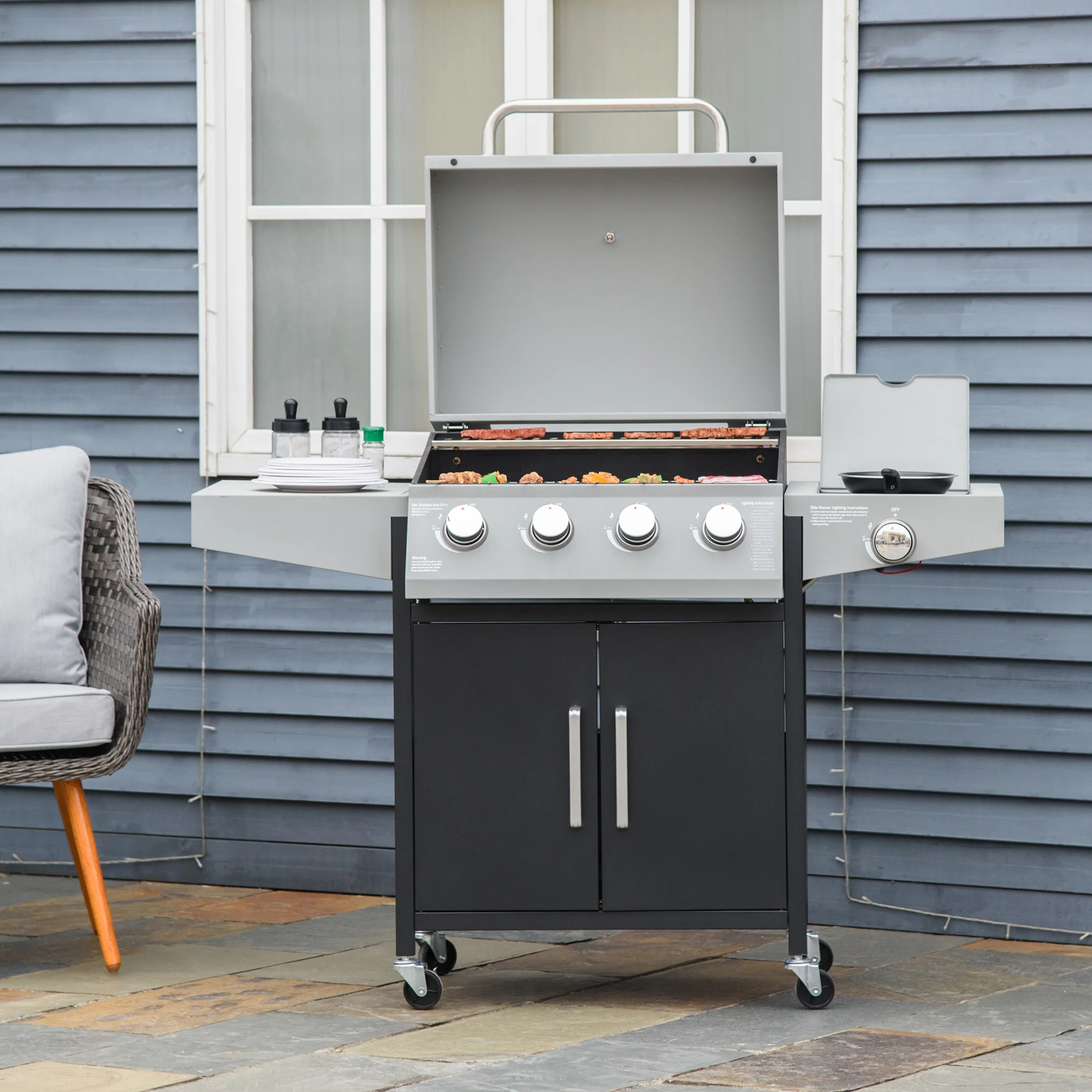 4 Burner Propane Gas Grill with Side Burner with Wheels & Storage Cabinet, 50,000 BTU, Silver - Image 4