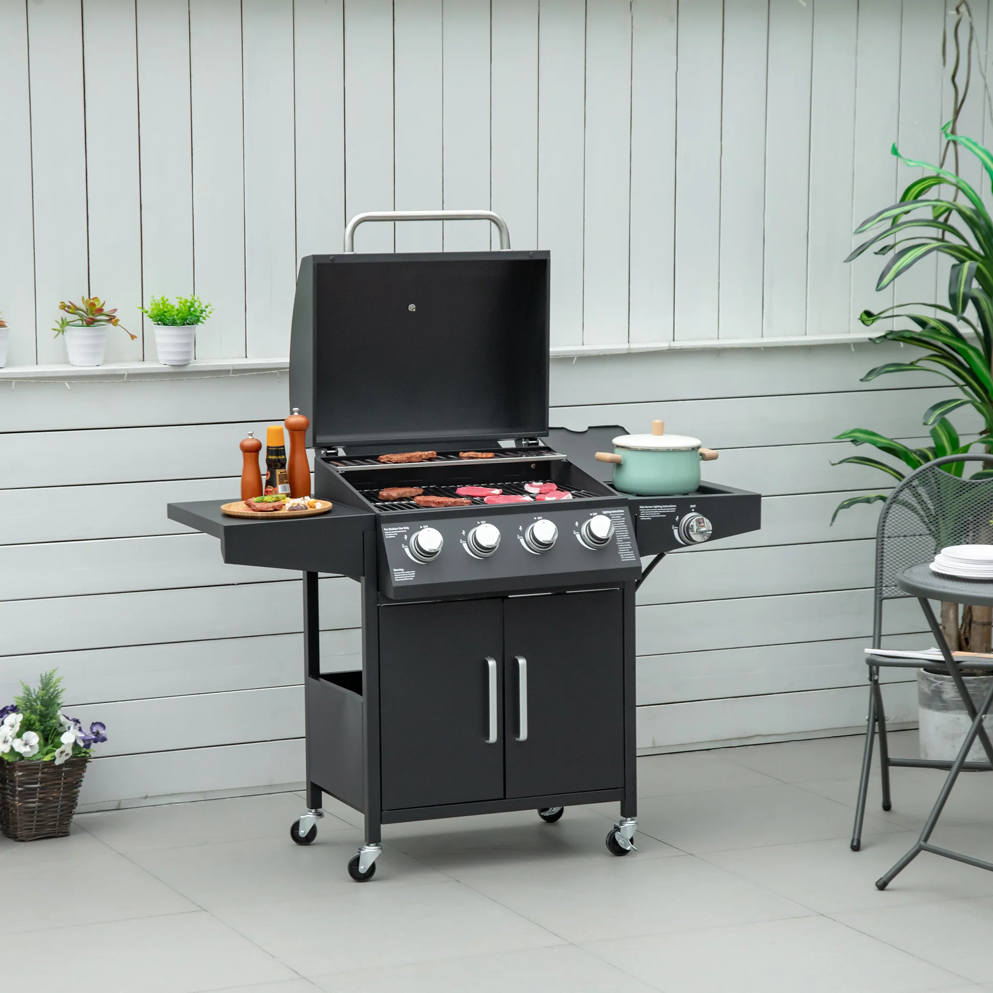 4 Burner Propane Gas Grill with Side Burner with Wheels & Storage Cabinet, 50,000 BTU, Black - Image 4