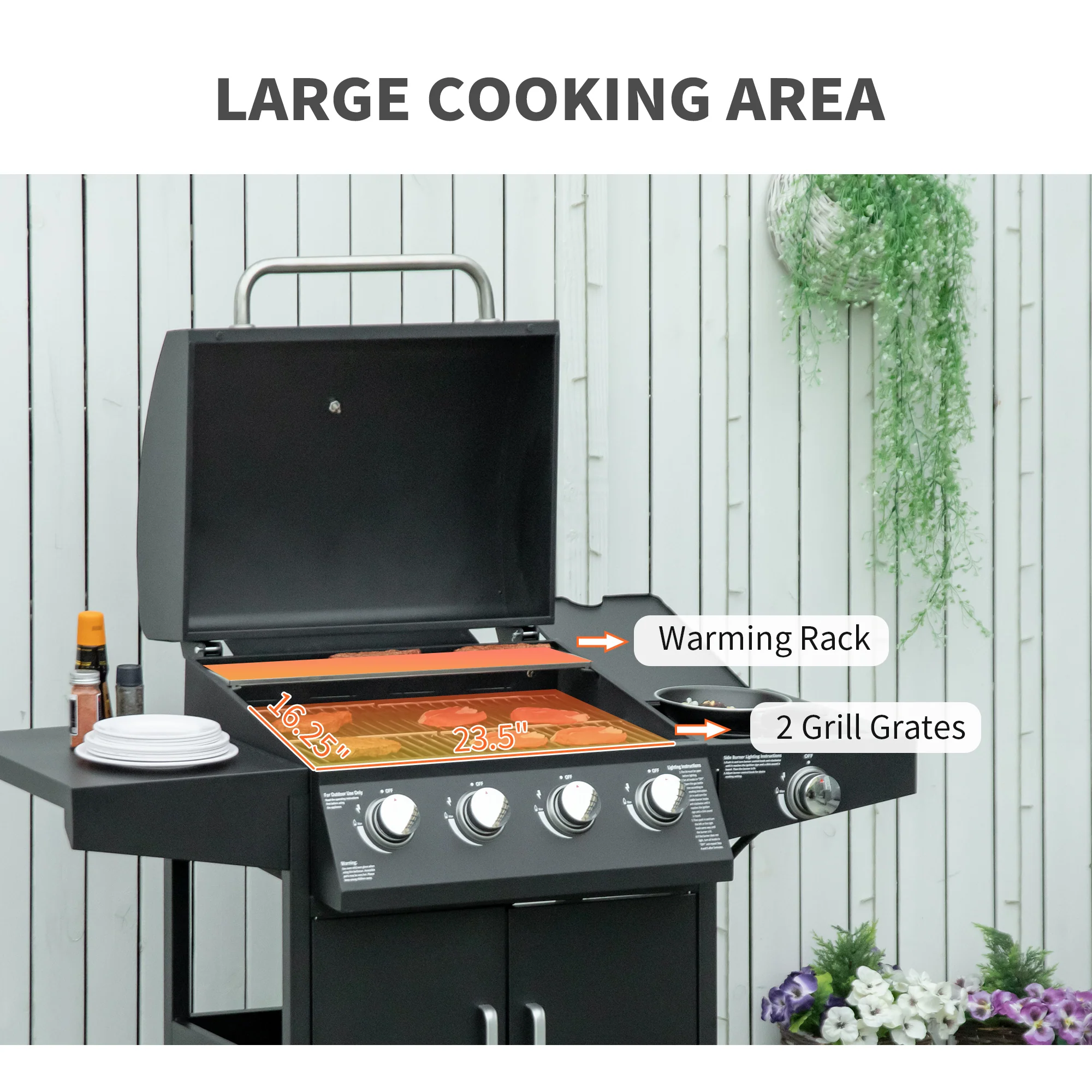 4 Burner Propane Gas Grill with Side Burner with Wheels & Storage Cabinet, 50,000 BTU, Black - Image 6