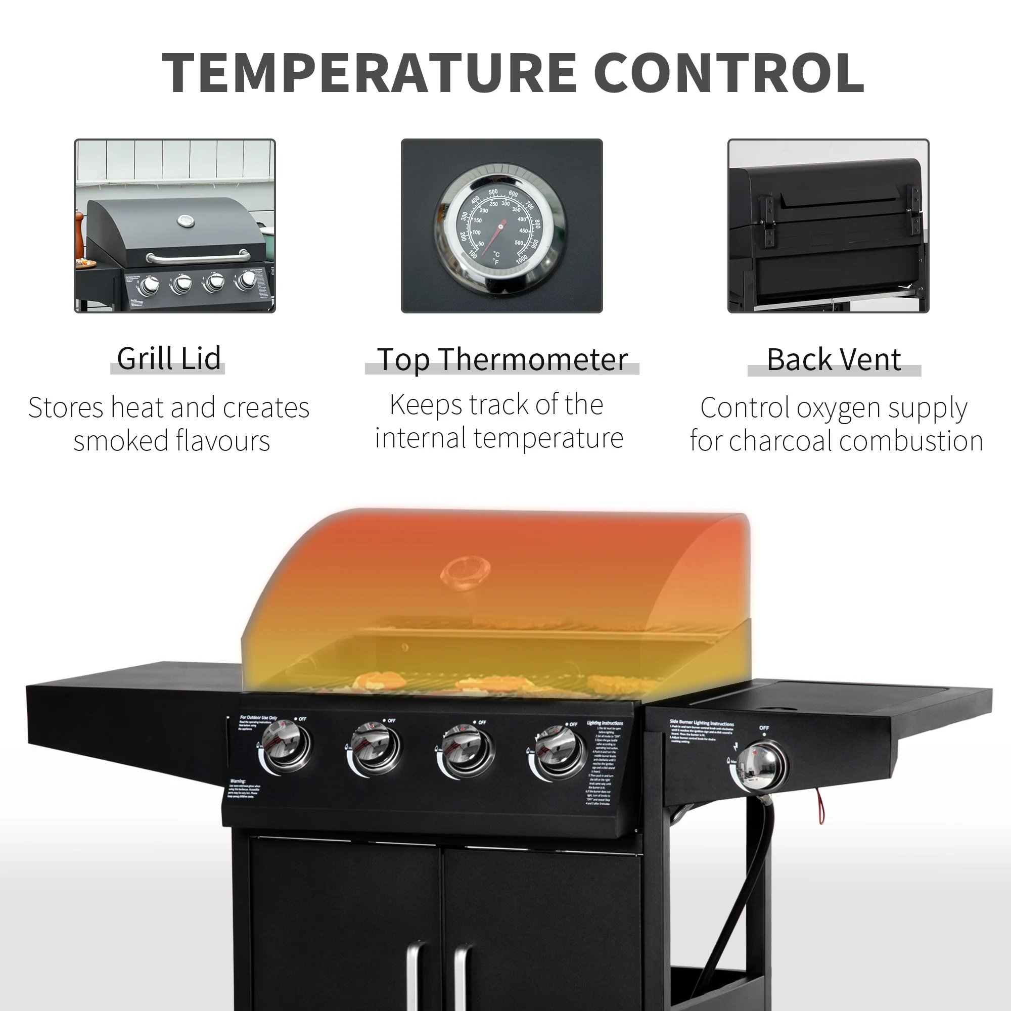 4 Burner Propane Gas Grill with Side Burner with Wheels & Storage Cabinet, 50,000 BTU, Black - Image 7