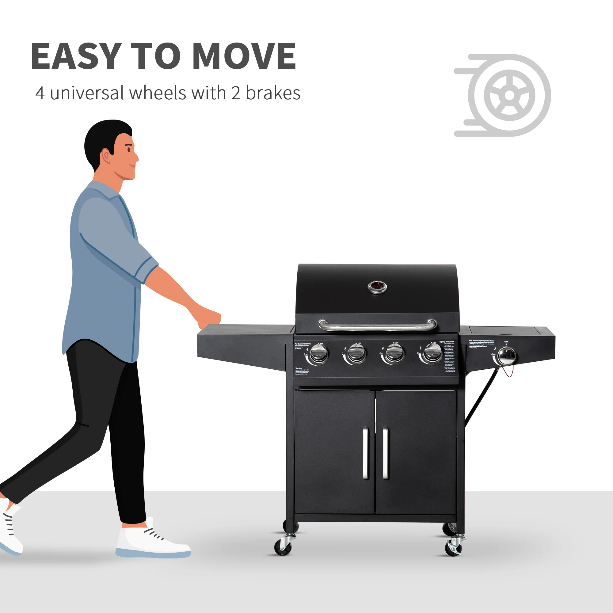4 Burner Propane Gas Grill with Side Burner with Wheels & Storage Cabinet, 50,000 BTU, Black - Image 9