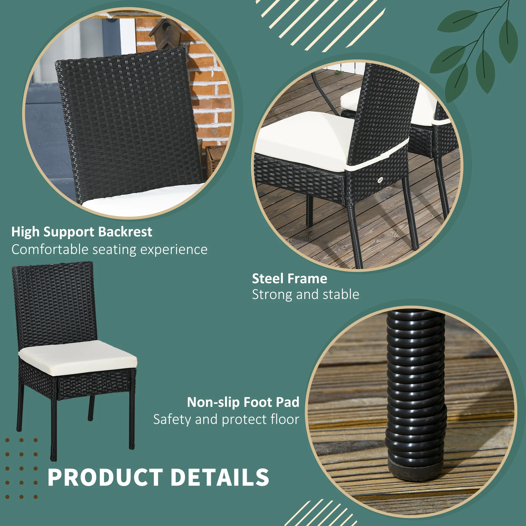 4 Outdoor Wicker Dining Chairs with Cushions & Backrests for Patio, Garden, Cream White - Image 7