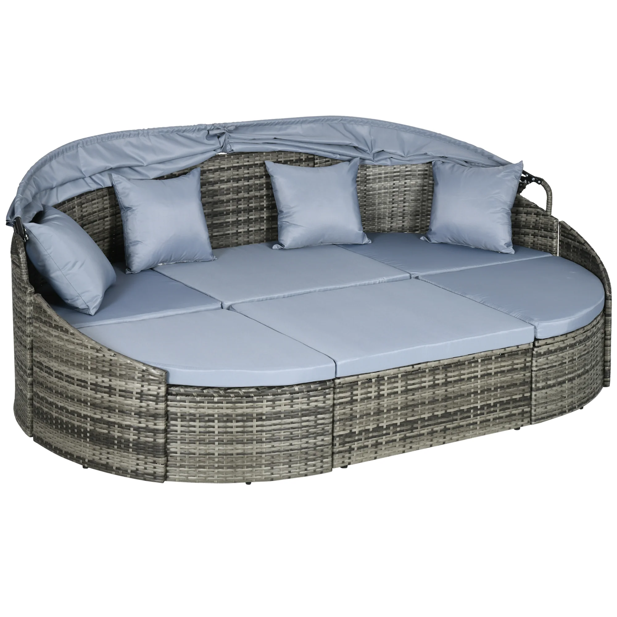 4-Piece Round Patio Daybed, Sectional Sofa with Canopy, Footrest, Table, Light Gray - Image 2