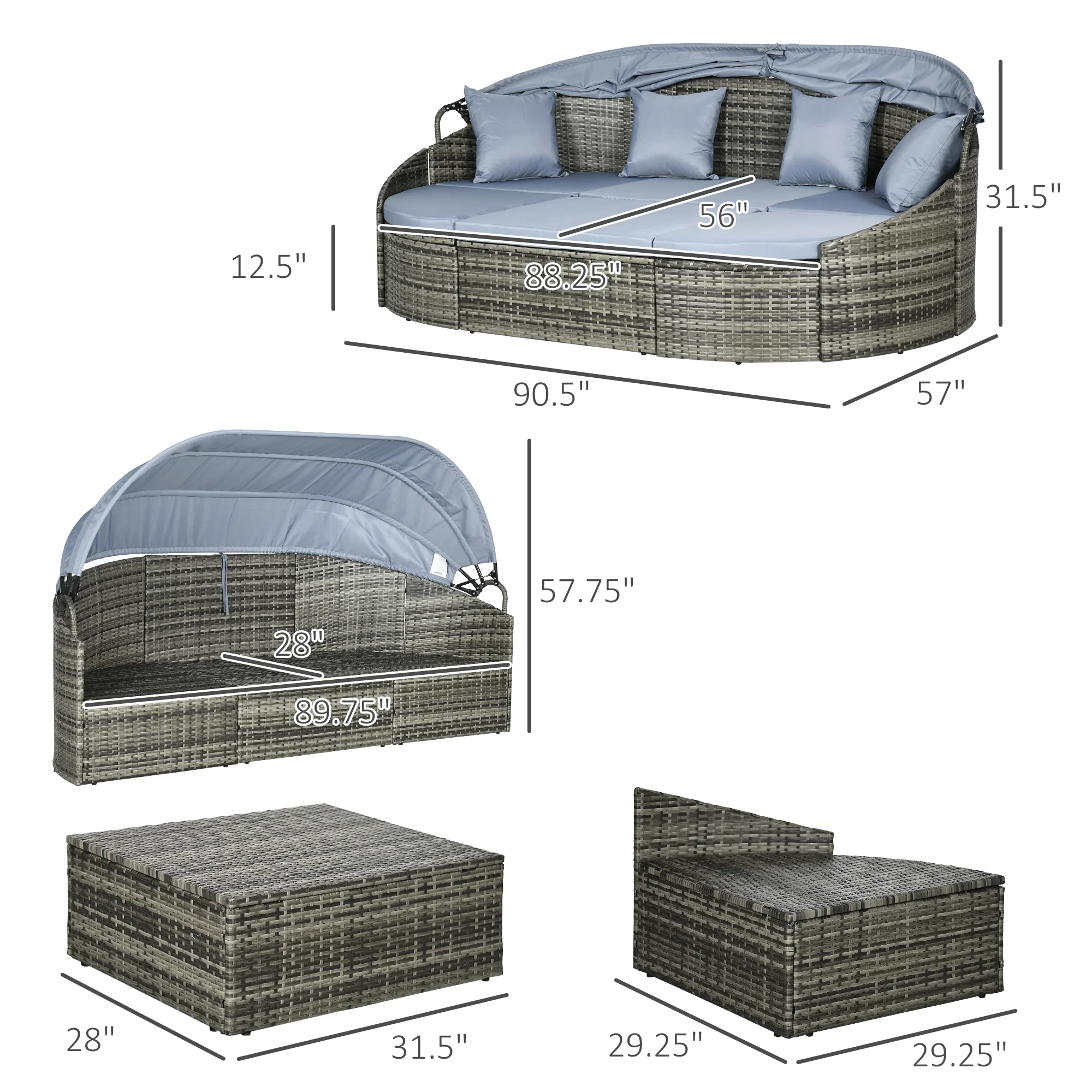 4-Piece Round Patio Daybed, Sectional Sofa with Canopy, Footrest, Table, Light Gray - Image 5