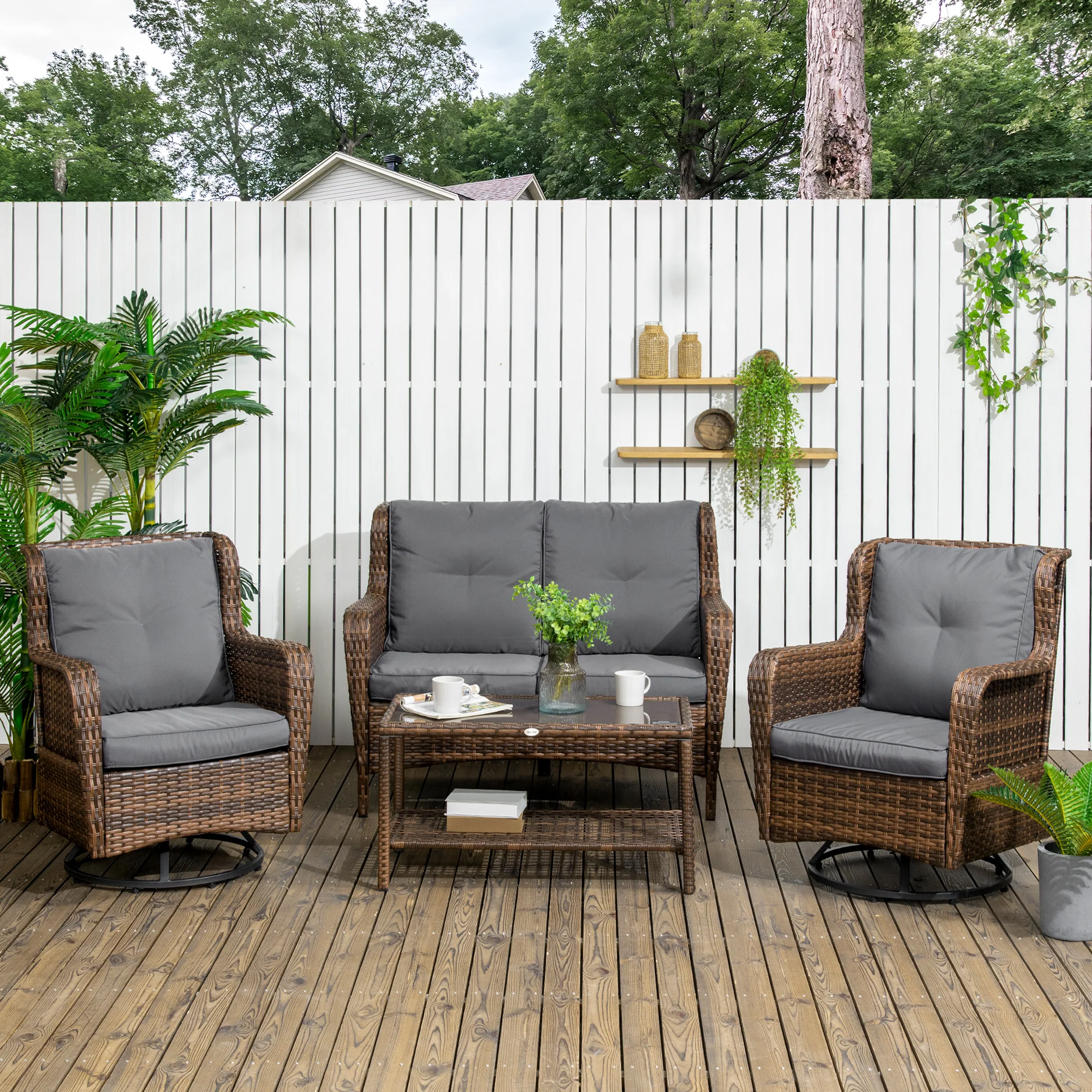 4 Piece PE Rattan Patio Furniture Set with 2 Swivel Rockers, 2-Tier Glass Table & Loveseat, Gray - Image 3