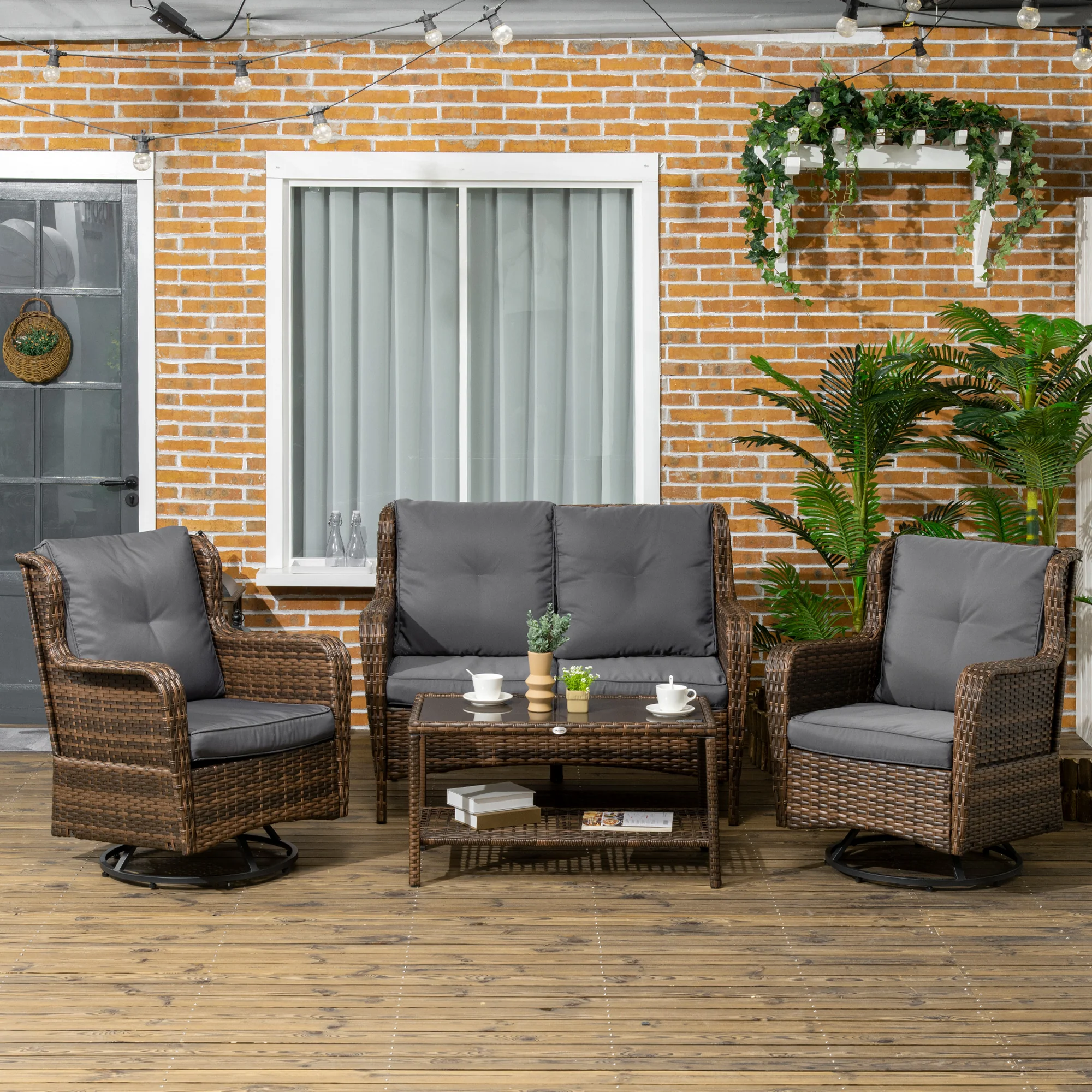 4 Piece PE Rattan Patio Furniture Set with 2 Swivel Rockers, 2-Tier Glass Table & Loveseat, Gray - Image 4