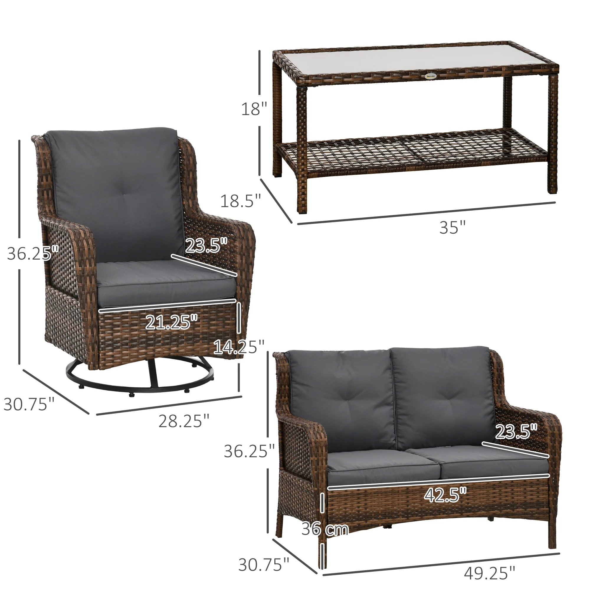 4 Piece PE Rattan Patio Furniture Set with 2 Swivel Rockers, 2-Tier Glass Table & Loveseat, Gray - Image 5