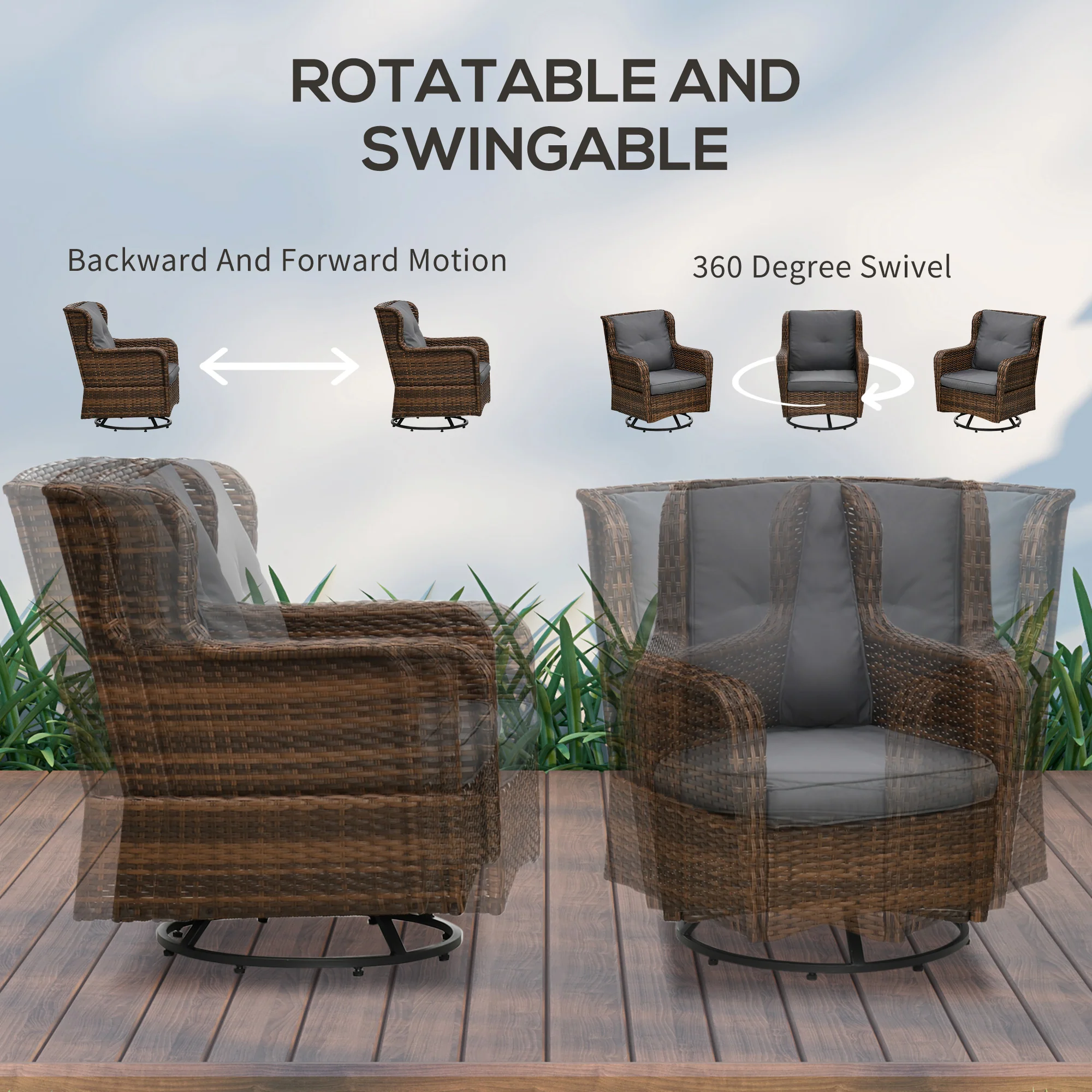 4 Piece PE Rattan Patio Furniture Set with 2 Swivel Rockers, 2-Tier Glass Table & Loveseat, Gray - Image 8