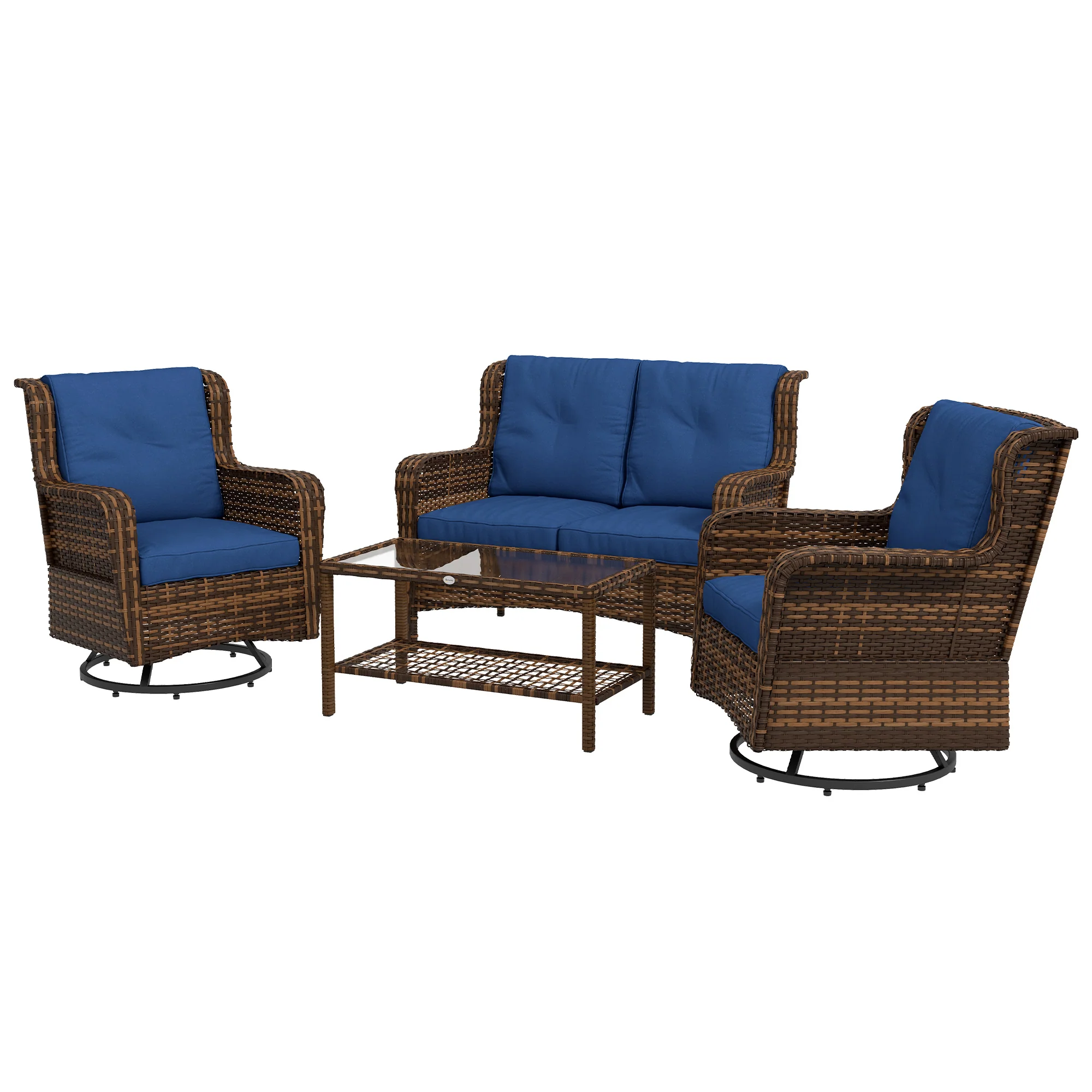 4 Piece PE Rattan Patio Furniture Set with 2 Swivel Rockers, 2-Tier Glass Table & Loveseat, Blue - Image 2