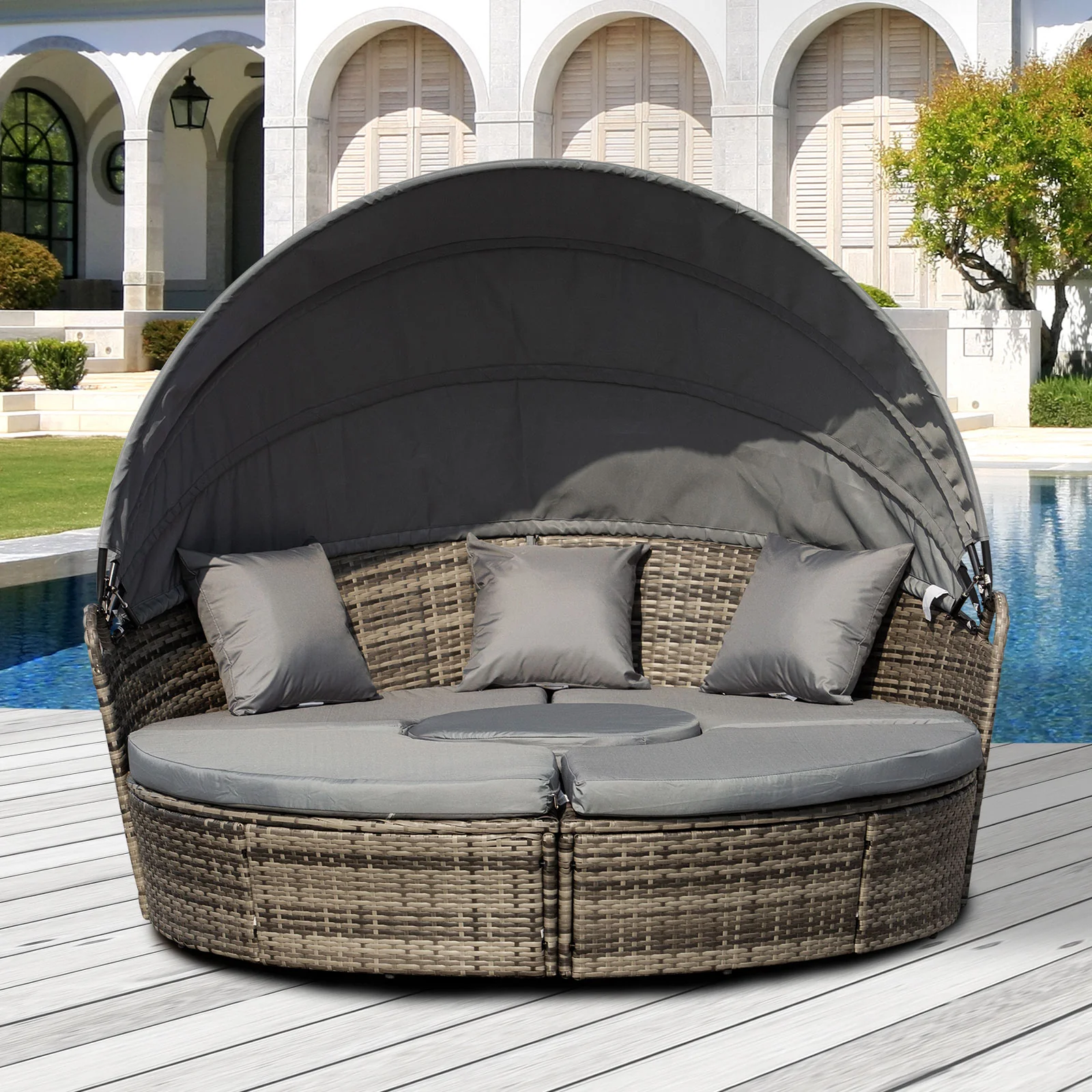 4-Piece Round Convertible Daybed with Adjustable Canopy, Sectional Sofa, 2 Chairs, Table, Dark Gray - Image 3