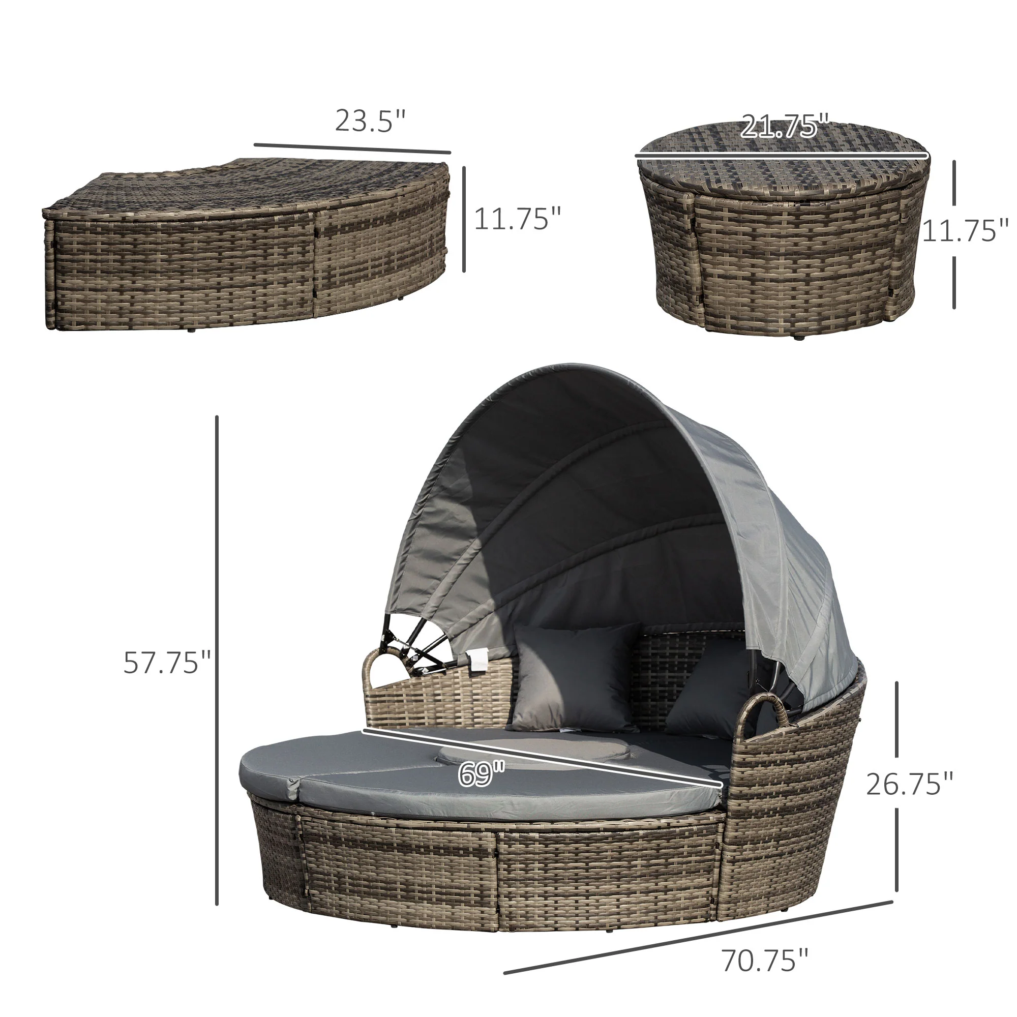 4-Piece Round Convertible Daybed with Adjustable Canopy, Sectional Sofa, 2 Chairs, Table, Dark Gray - Image 5