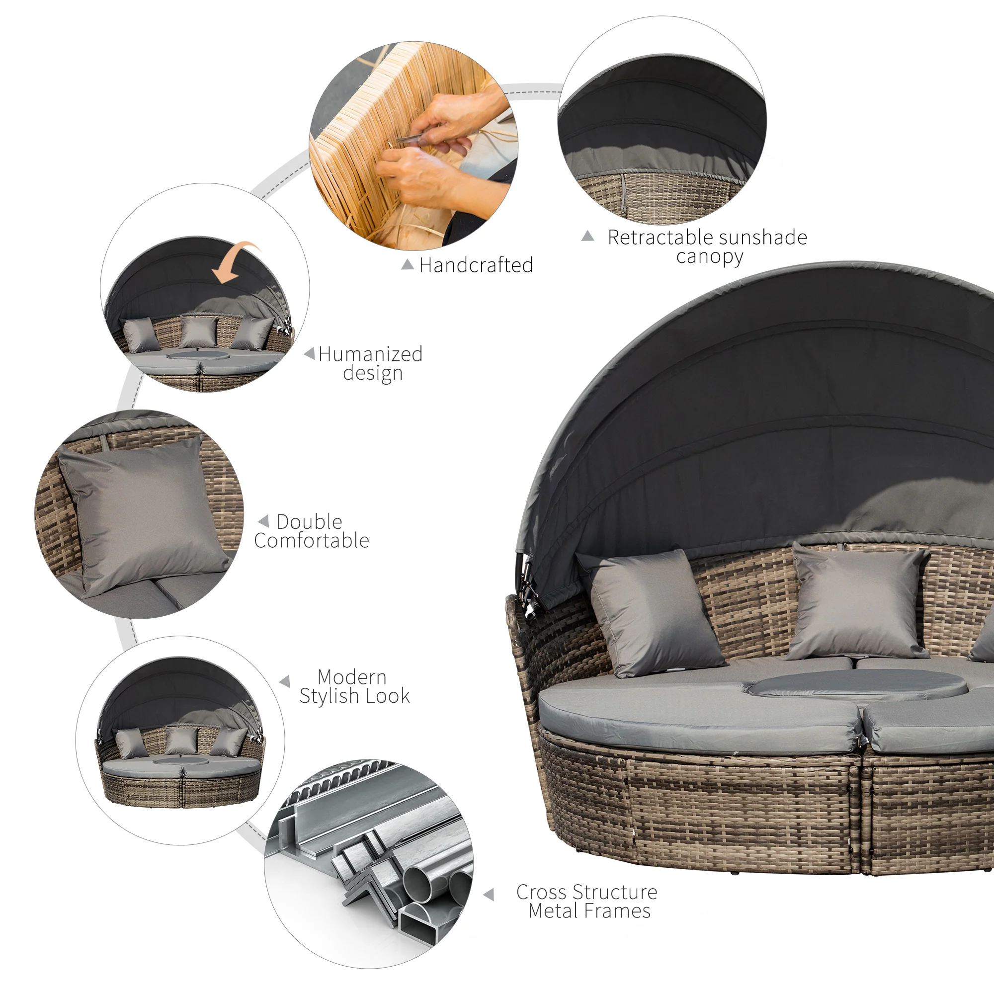 4-Piece Round Convertible Daybed with Adjustable Canopy, Sectional Sofa, 2 Chairs, Table, Dark Gray - Image 7