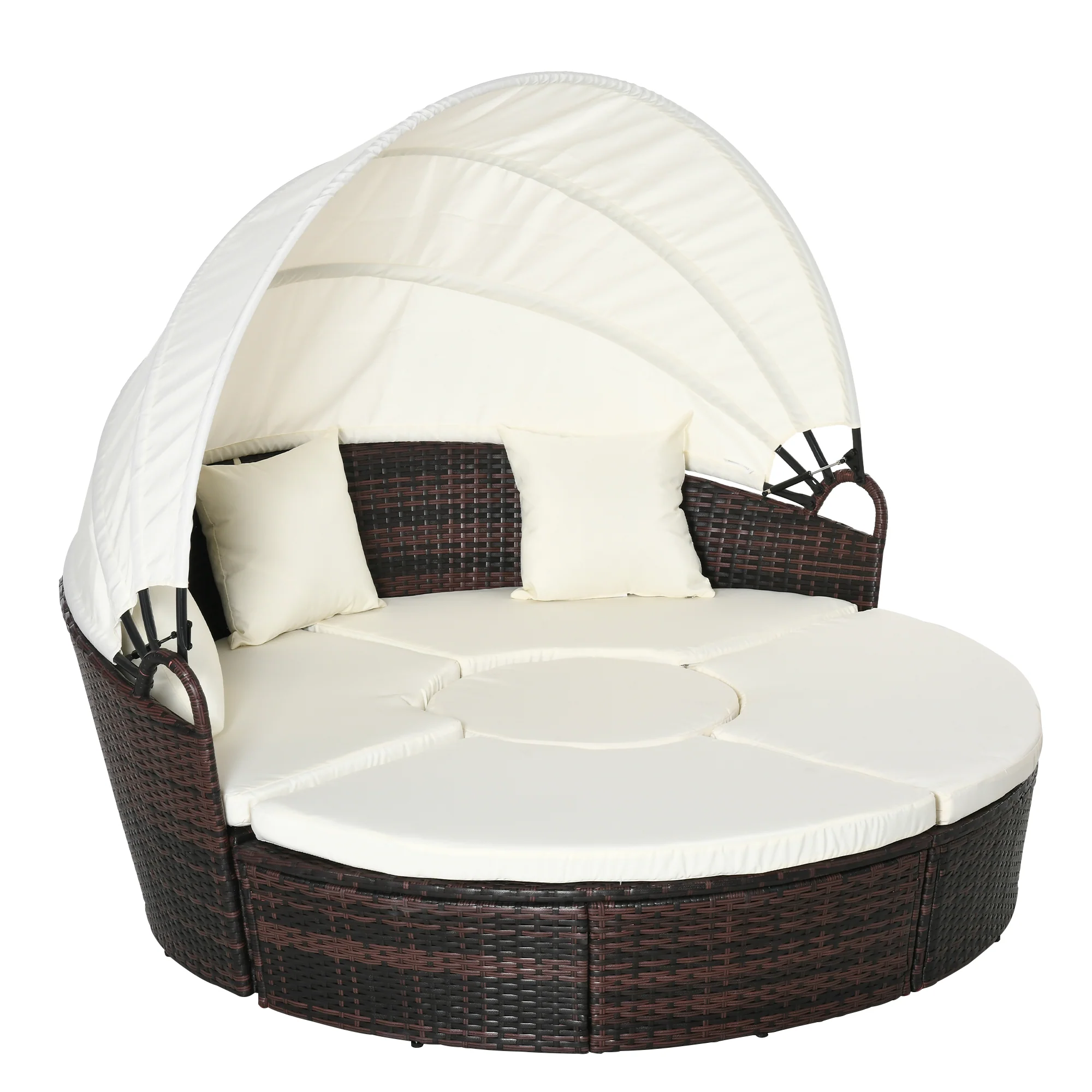 4-Piece Round Convertible Patio Couch with Adjustable Canopy, 2 Chairs, Table, Cream White