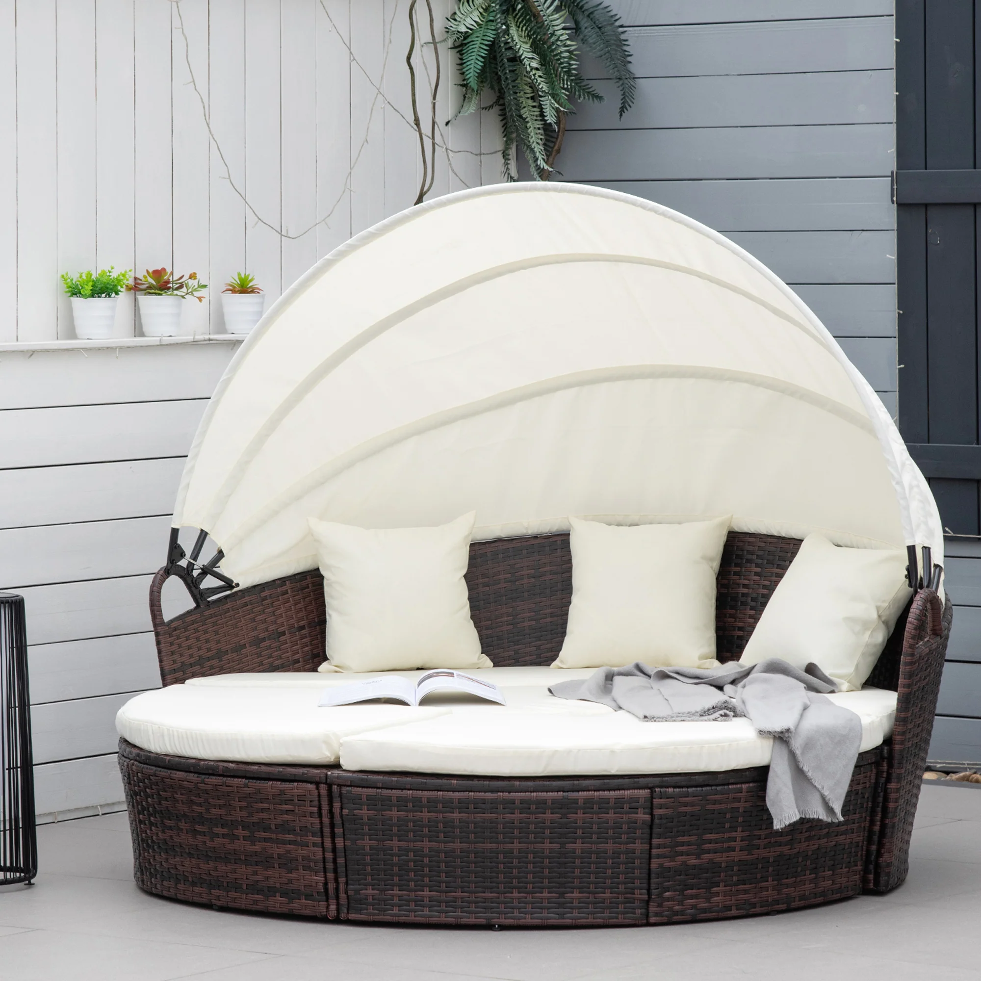 4-Piece Round Convertible Patio Couch with Adjustable Canopy, 2 Chairs, Table, Cream White - Image 3