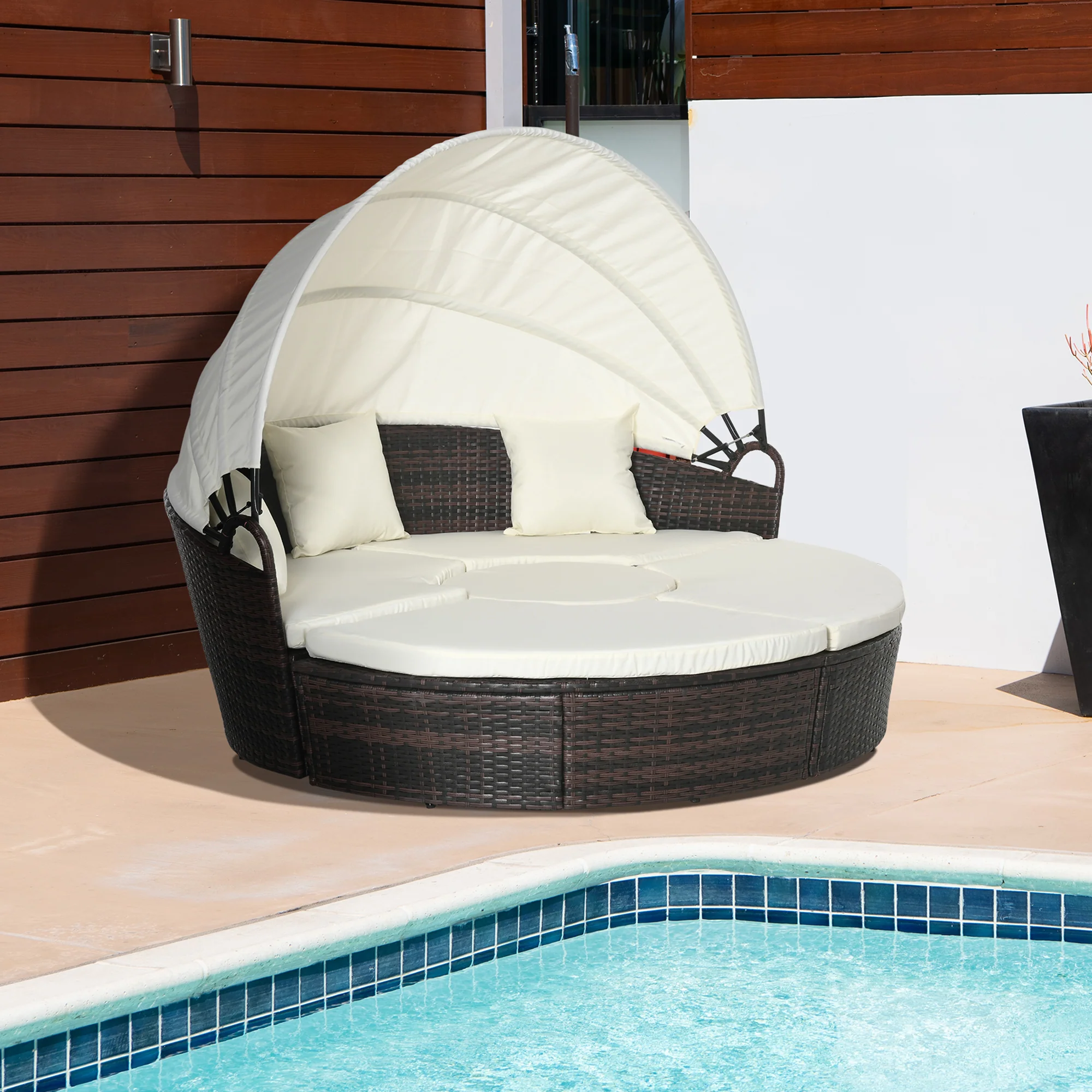 4-Piece Round Convertible Patio Couch with Adjustable Canopy, 2 Chairs, Table, Cream White - Image 4