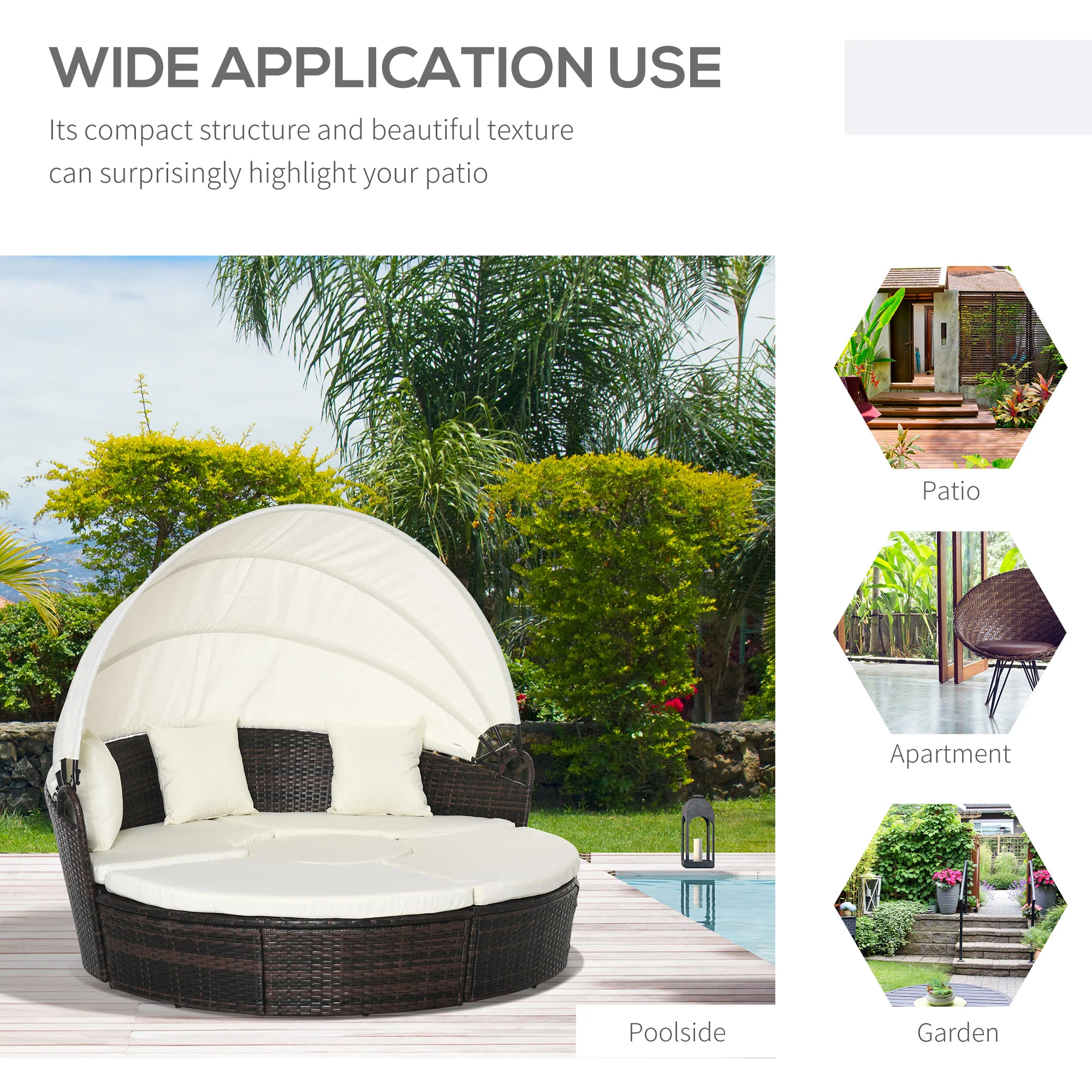 4-Piece Round Convertible Patio Couch with Adjustable Canopy, 2 Chairs, Table, Cream White - Image 6