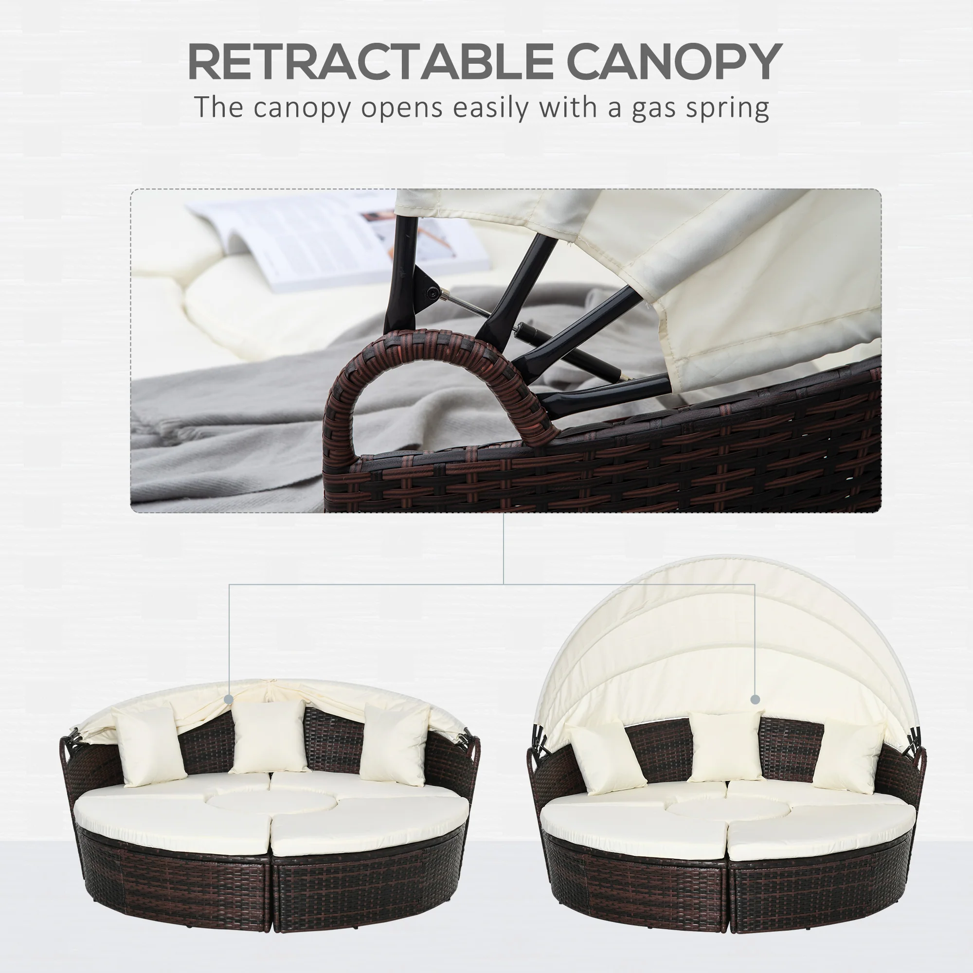 4-Piece Round Convertible Patio Couch with Adjustable Canopy, 2 Chairs, Table, Cream White - Image 9