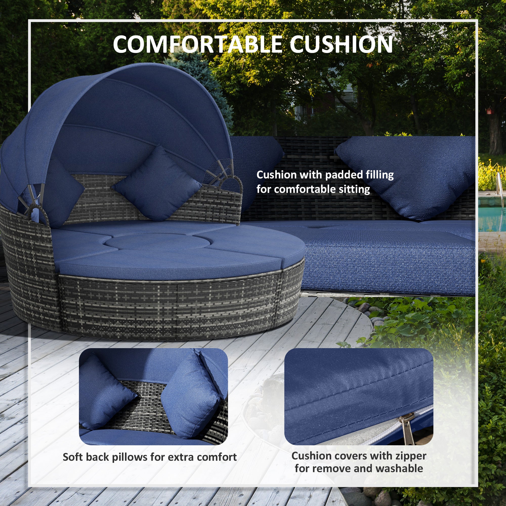 4-Piece Round Convertible Daybed with Adjustable Canopy, Sectional Sofa, 2 Chairs, Table, Dark Blue - Image 8