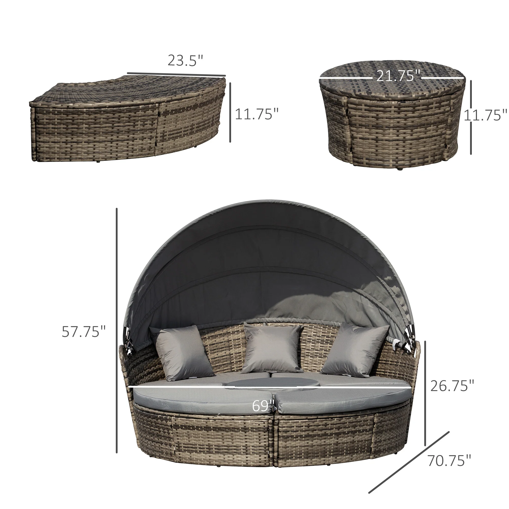 4-Piece Round Convertible Daybed with Adjustable Canopy, Sectional Sofa, 2 Chairs, Table, Gray - Image 5