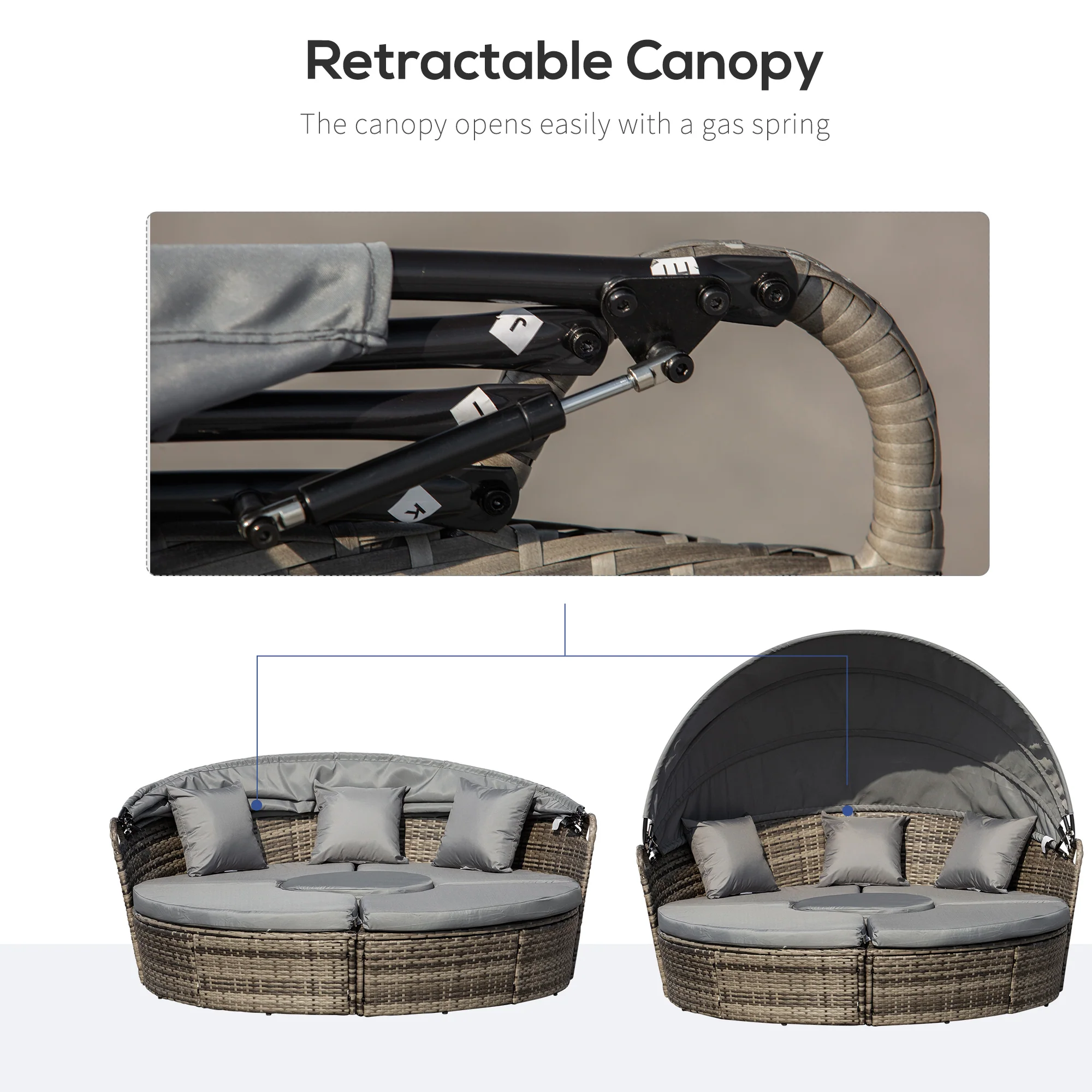 4-Piece Round Convertible Daybed with Adjustable Canopy, Sectional Sofa, 2 Chairs, Table, Gray - Image 6