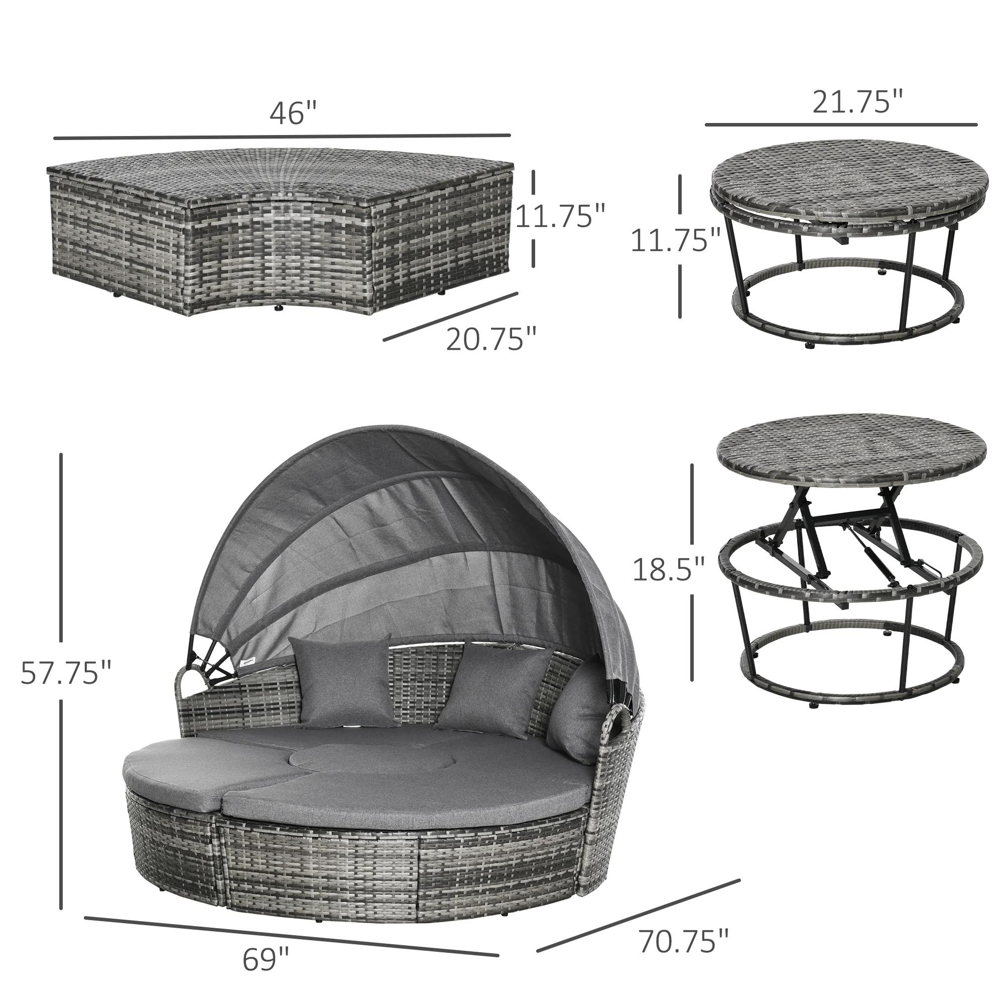 Round Outdoor Daybed with Canopy, 4-Piece Sectional Outdoor Sofa, 3 Chairs, Tea Table, Gray - Image 5