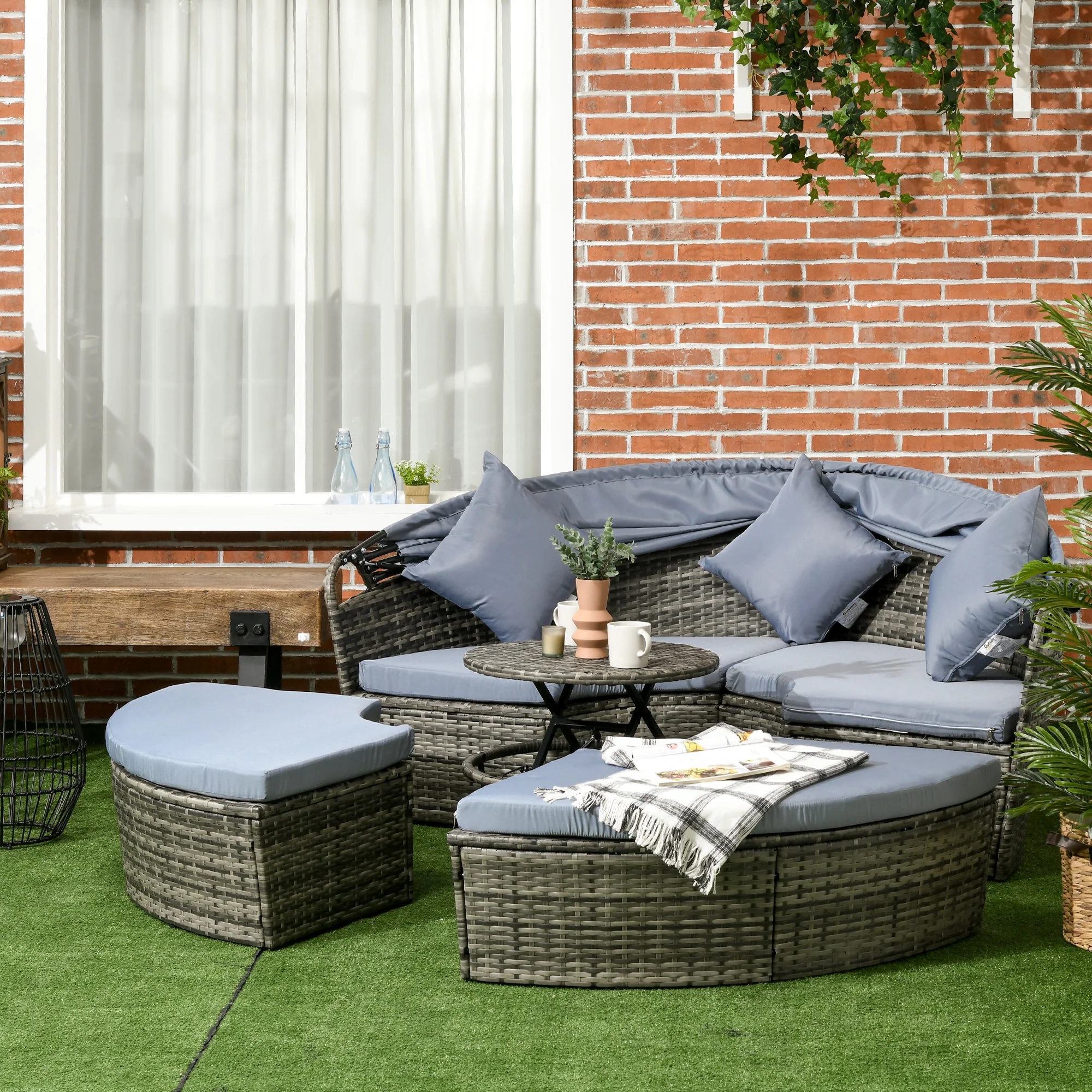 Round Outdoor Daybed with Canopy, 4-Piece Sectional Outdoor Sofa, 3 Chairs, Tea Table, Light Gray - Image 3