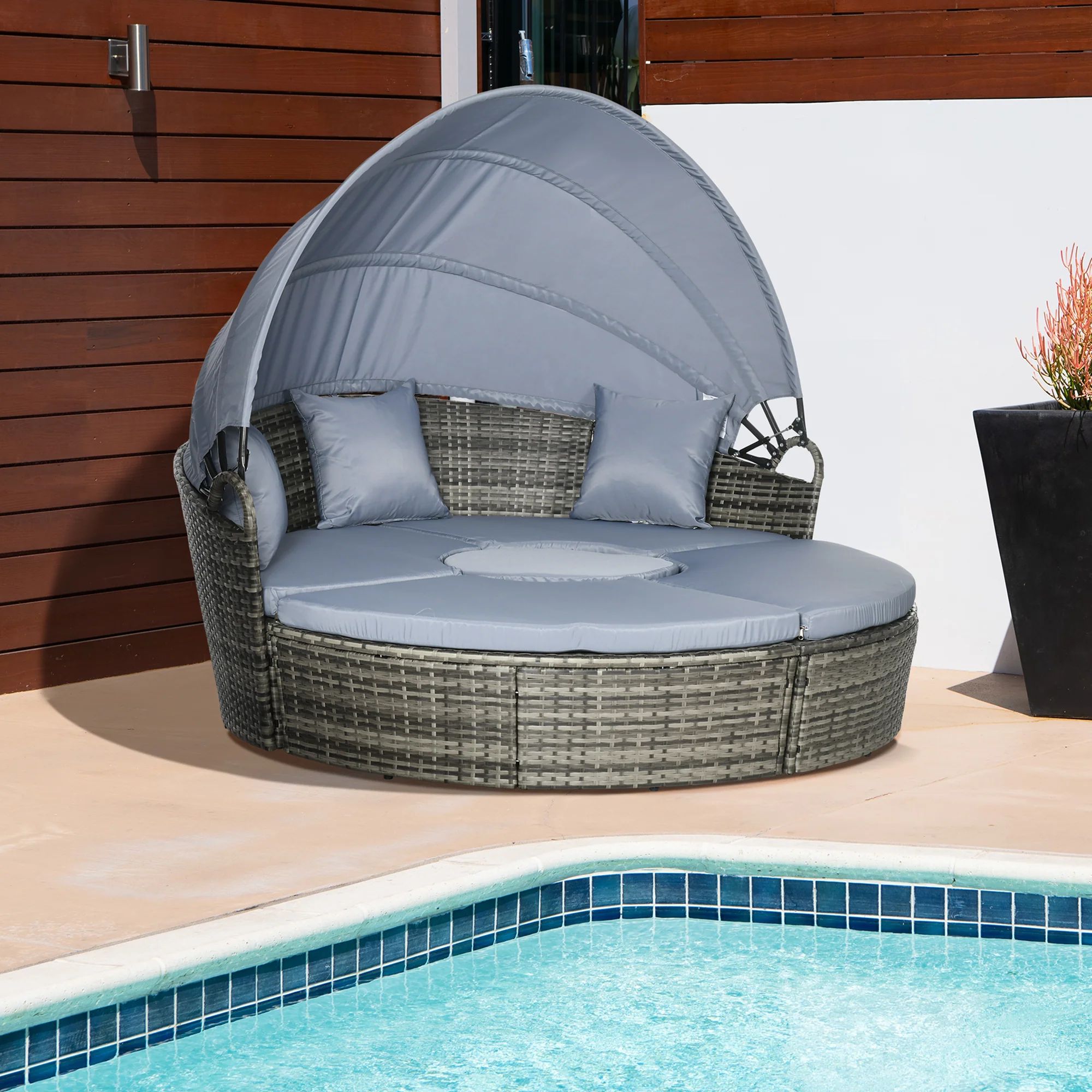 Round Outdoor Daybed with Canopy, 4-Piece Sectional Outdoor Sofa, 3 Chairs, Tea Table, Light Gray - Image 4