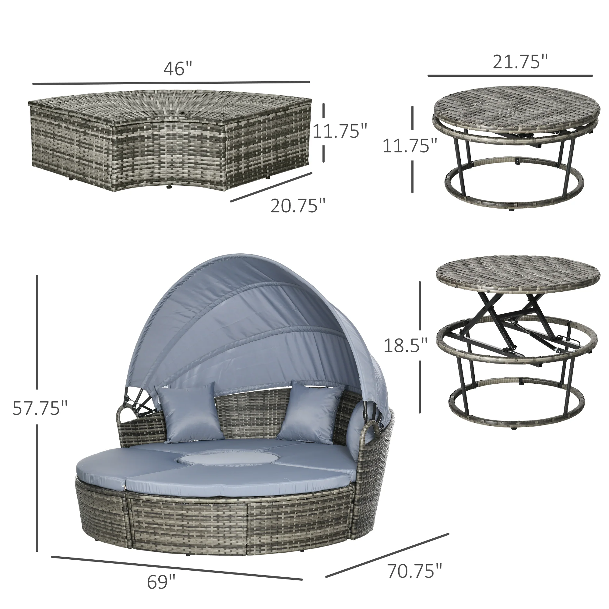 Round Outdoor Daybed with Canopy, 4-Piece Sectional Outdoor Sofa, 3 Chairs, Tea Table, Light Gray - Image 5