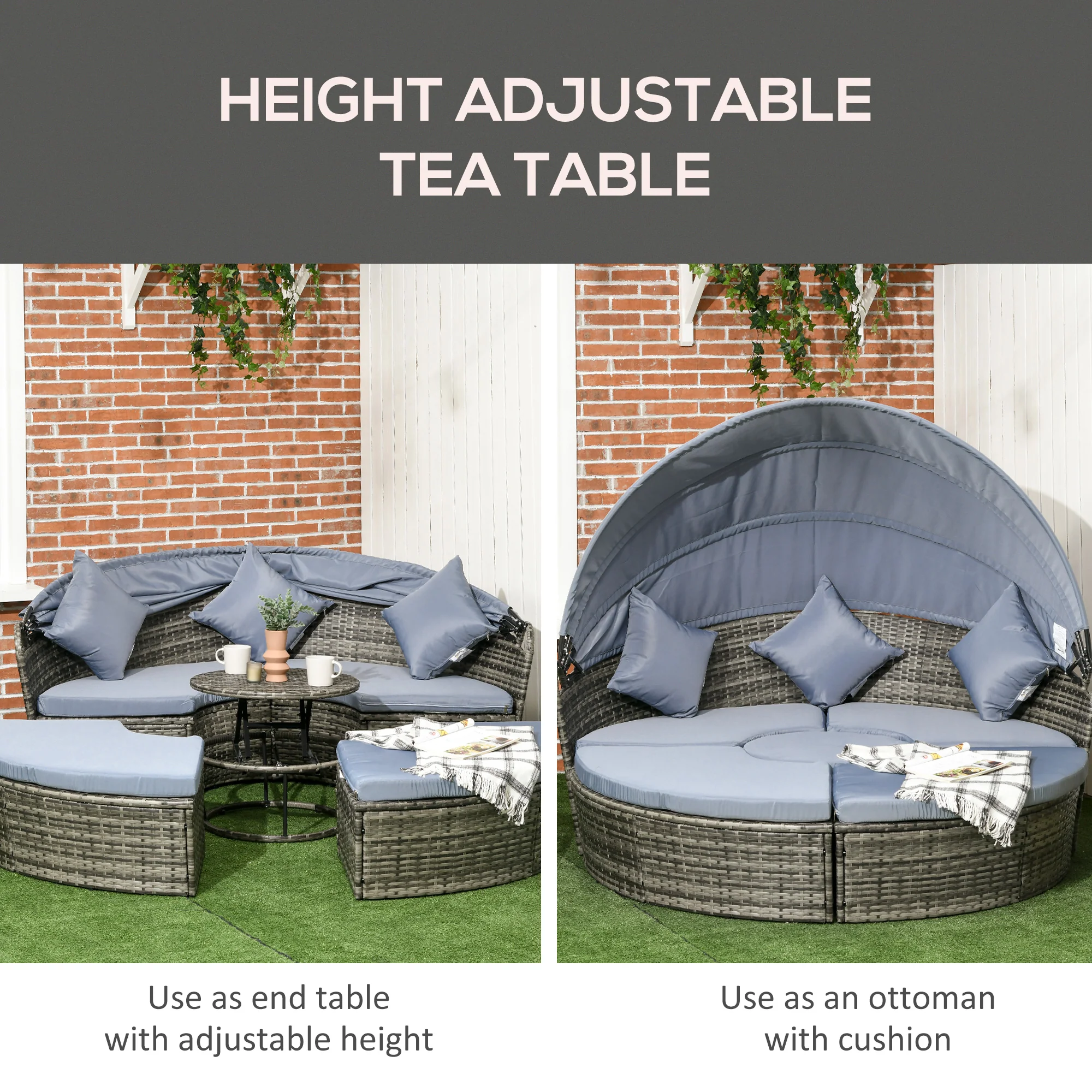 Round Outdoor Daybed with Canopy, 4-Piece Sectional Outdoor Sofa, 3 Chairs, Tea Table, Light Gray - Image 7