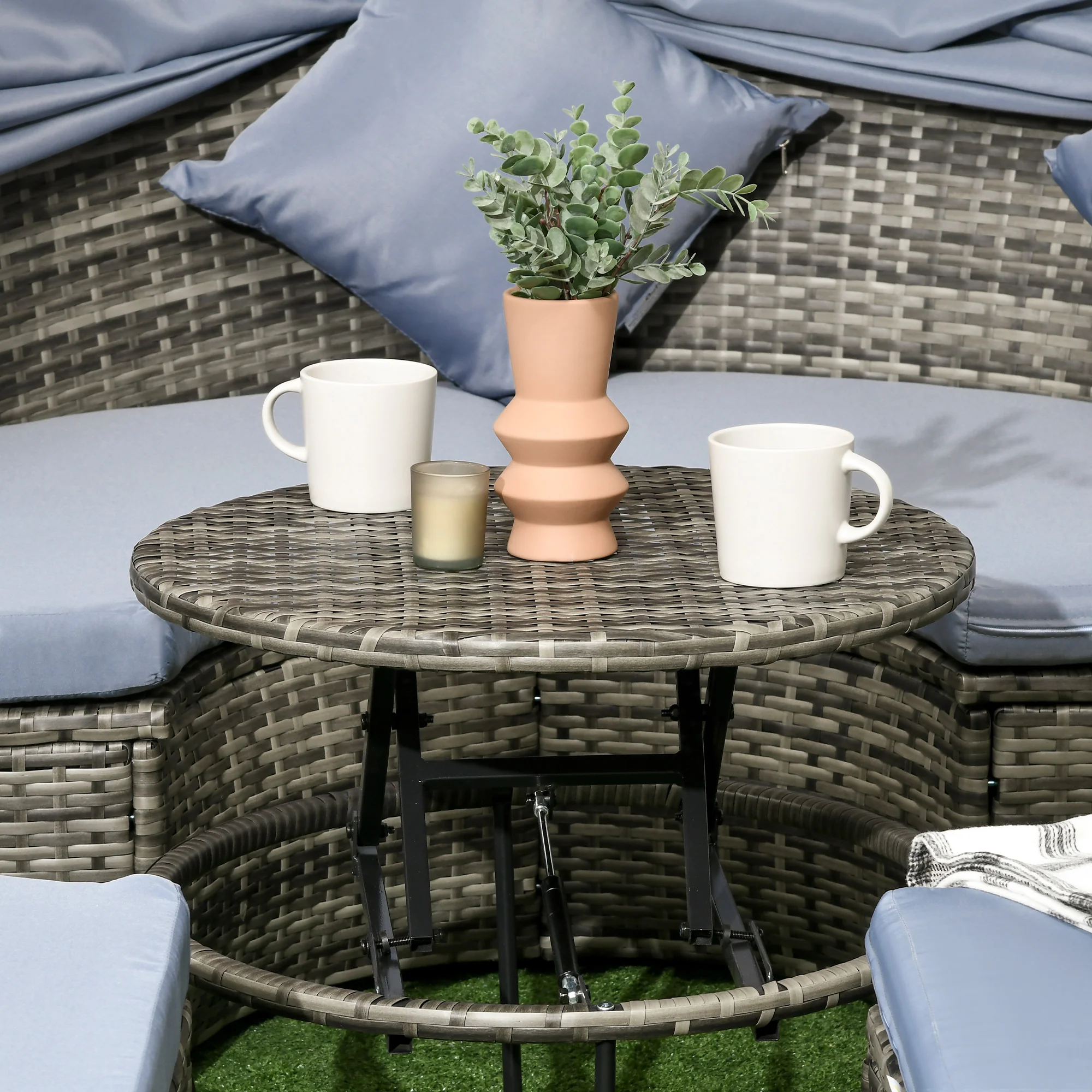 Round Outdoor Daybed with Canopy, 4-Piece Sectional Outdoor Sofa, 3 Chairs, Tea Table, Light Gray - Image 9
