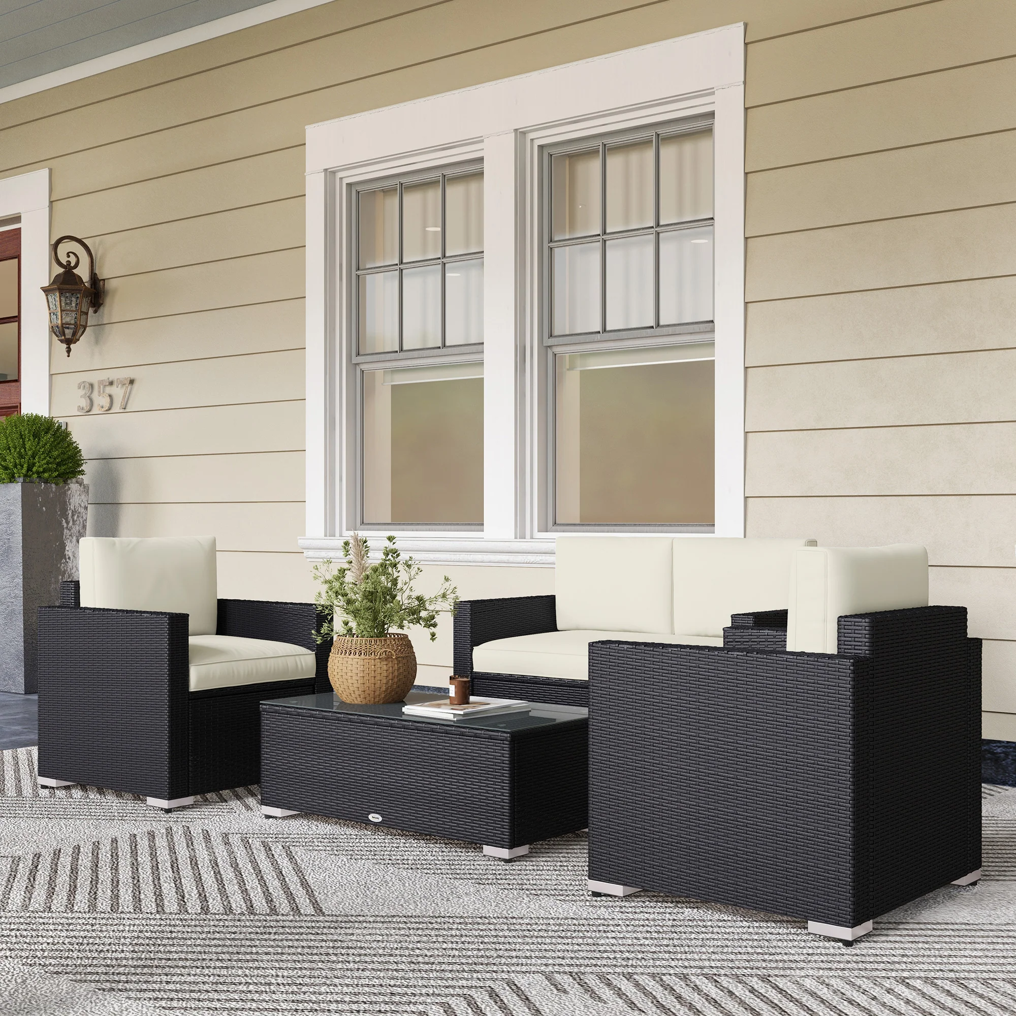 4-Piece Rattan Patio Sofa Set with Loveseat & Glass Coffee Table, Cream - Image 3